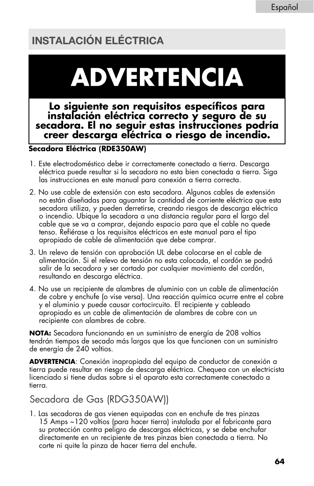 Haier RDE/RDG 350AW user manual Instalación Eléctrica, Secadora Eléctrica RDE350AW 