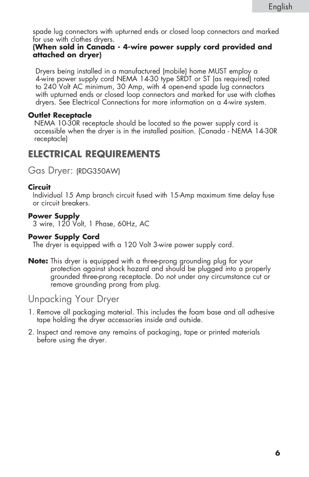 Haier RDE/RDG 350AW user manual Gas Dryer RDG350AW, Unpacking Your Dryer, Outlet Receptacle, Power Supply Cord 