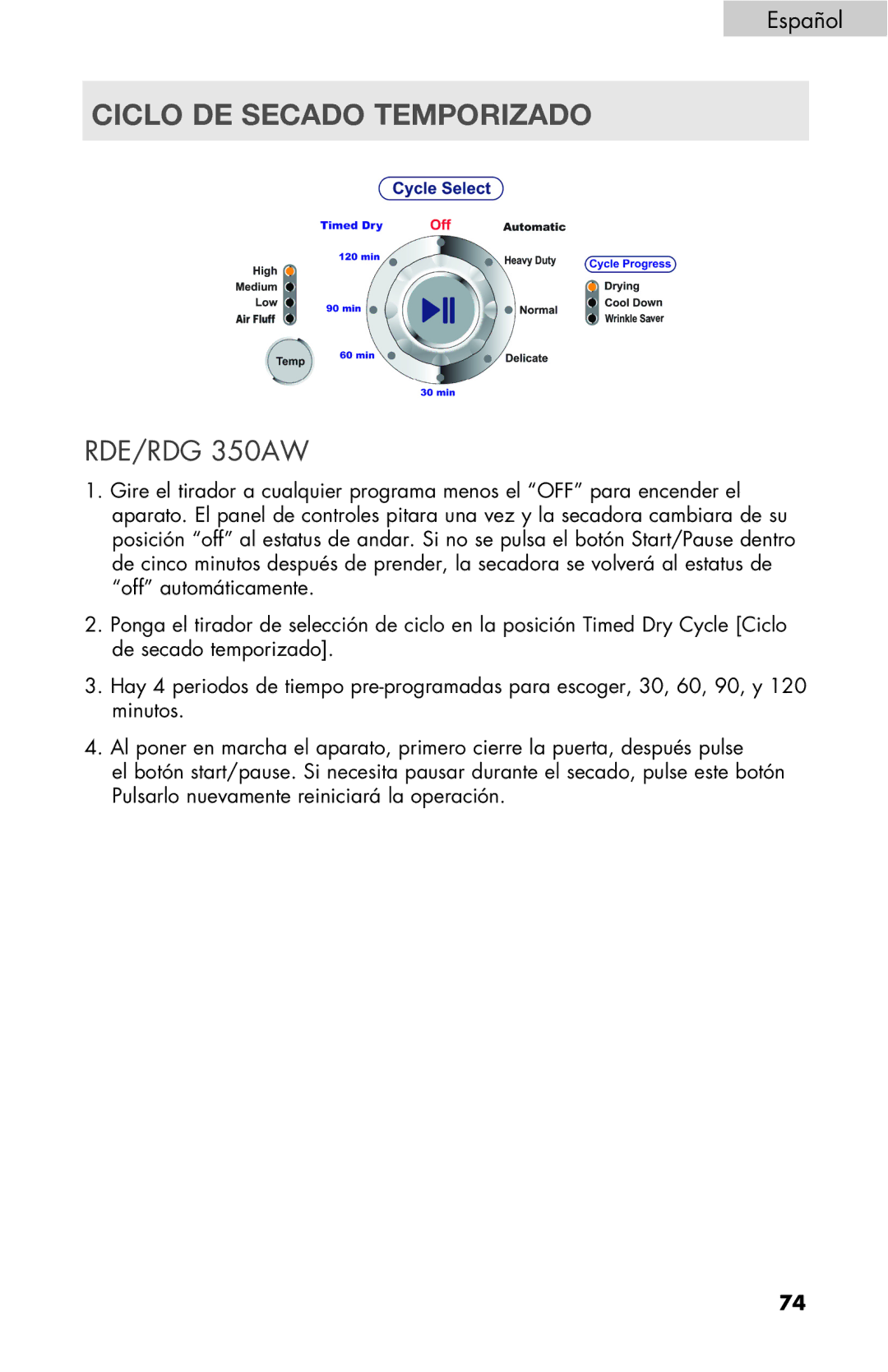 Haier RDE/RDG 350AW user manual Ciclo DE Secado Temporizado 