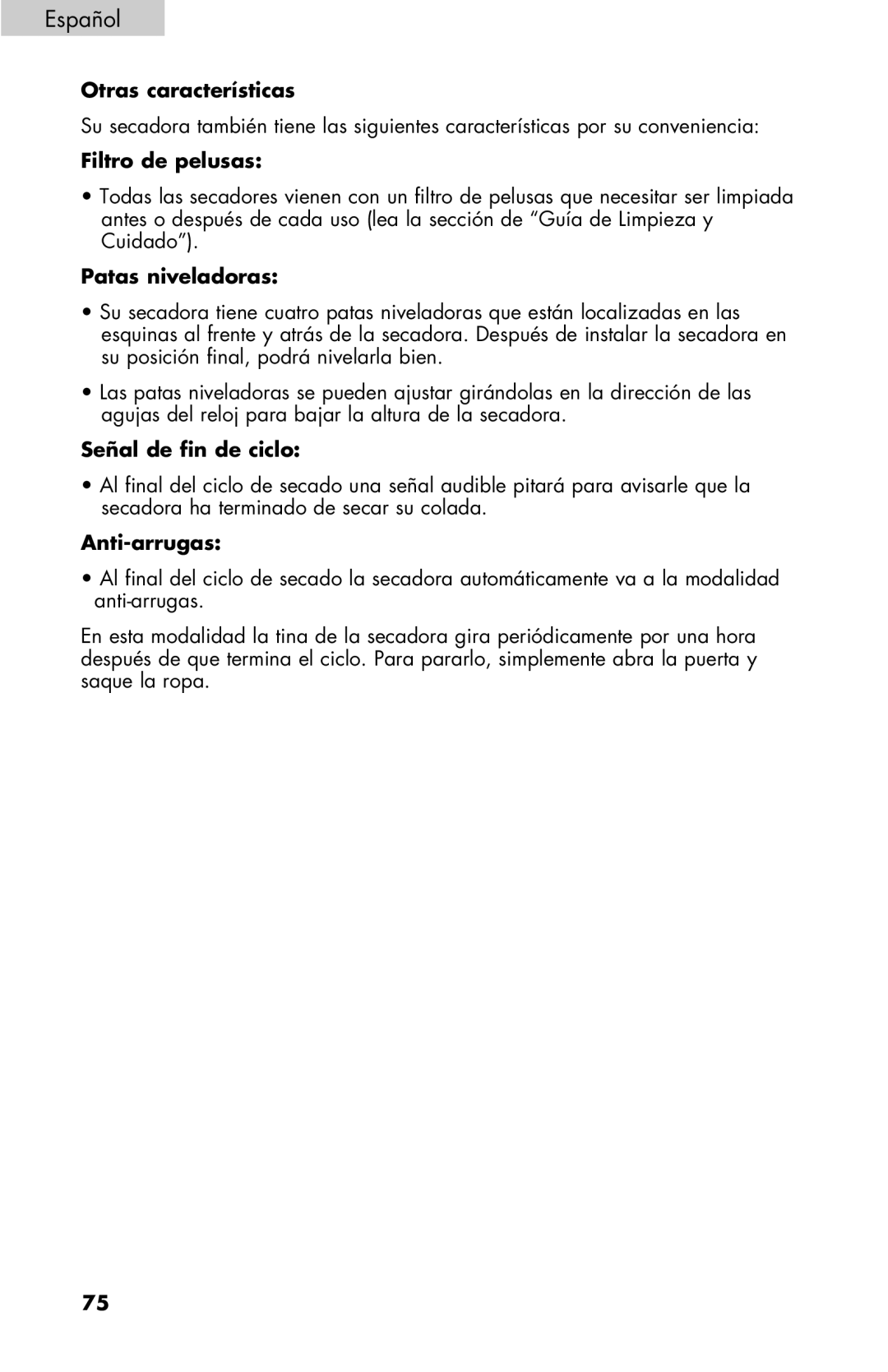 Haier RDE/RDG 350AW user manual Filtro de pelusas, Patas niveladoras, Señal de fin de ciclo, Anti-arrugas 