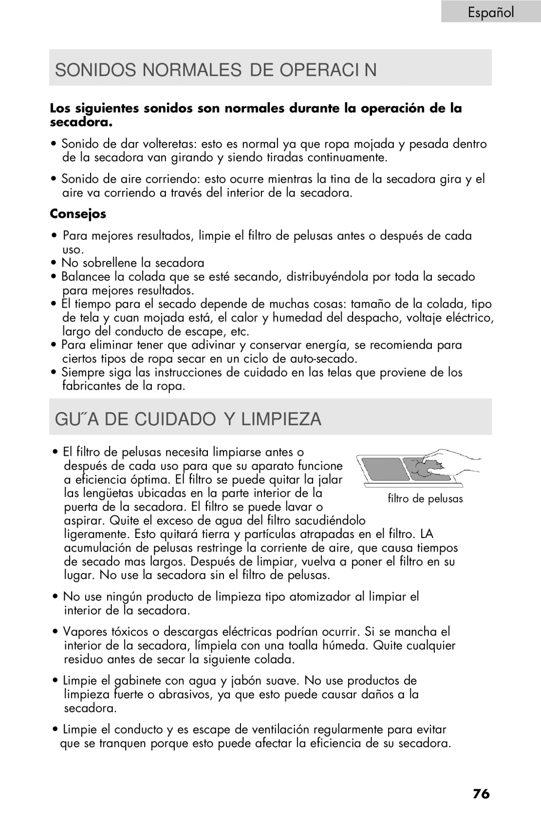 Haier RDE/RDG 350AW user manual Sonidos normales de operación, Guía de Cuidado y Limpieza, Consejos 