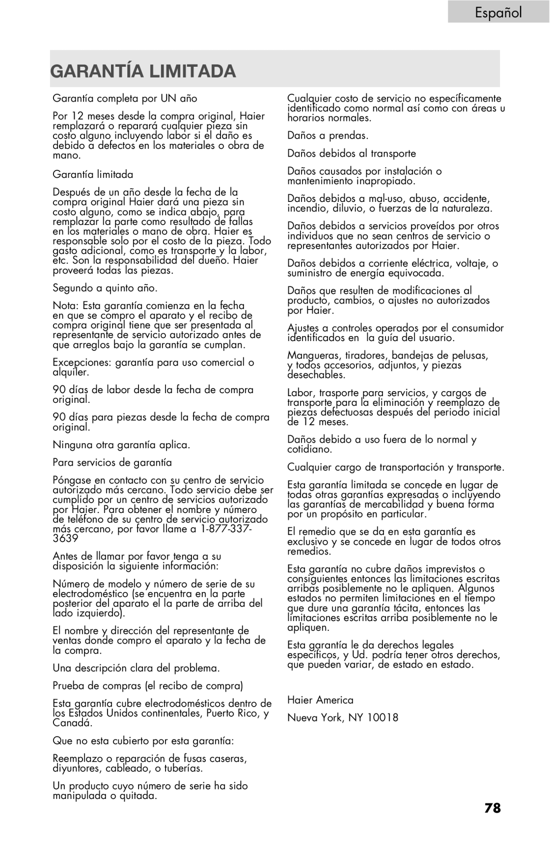 Haier RDE/RDG 350AW user manual Garantía Limitada 