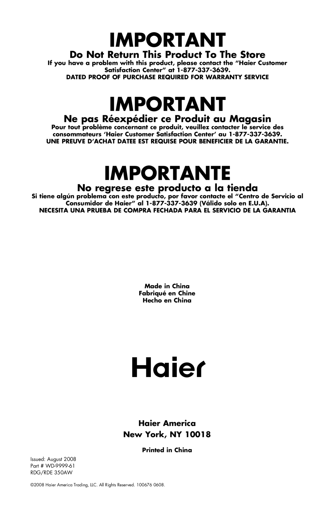 Haier RDE/RDG 350AW user manual Do Not Return This Product To The Store, Haier America New York, NY 