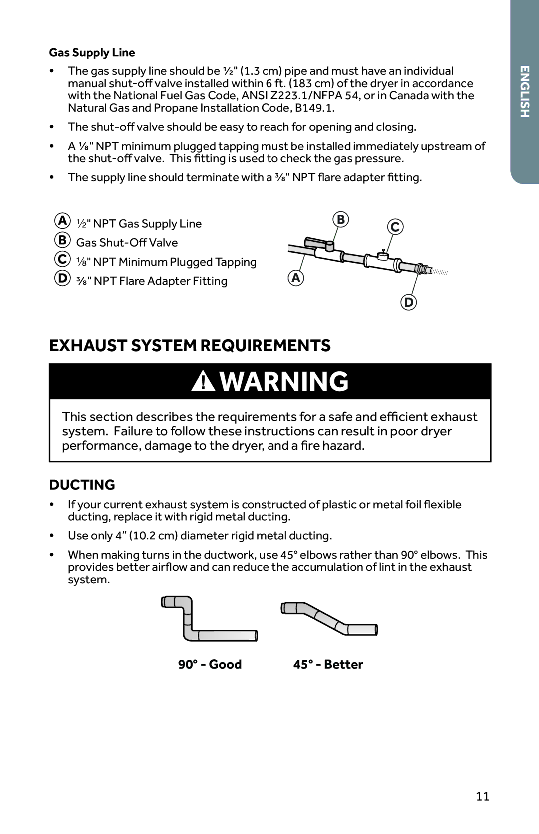 Haier RDG350AW, CRDE350AW user manual Exhaust System Requirements, Ducting, Good 45 Better, Gas Supply Line 