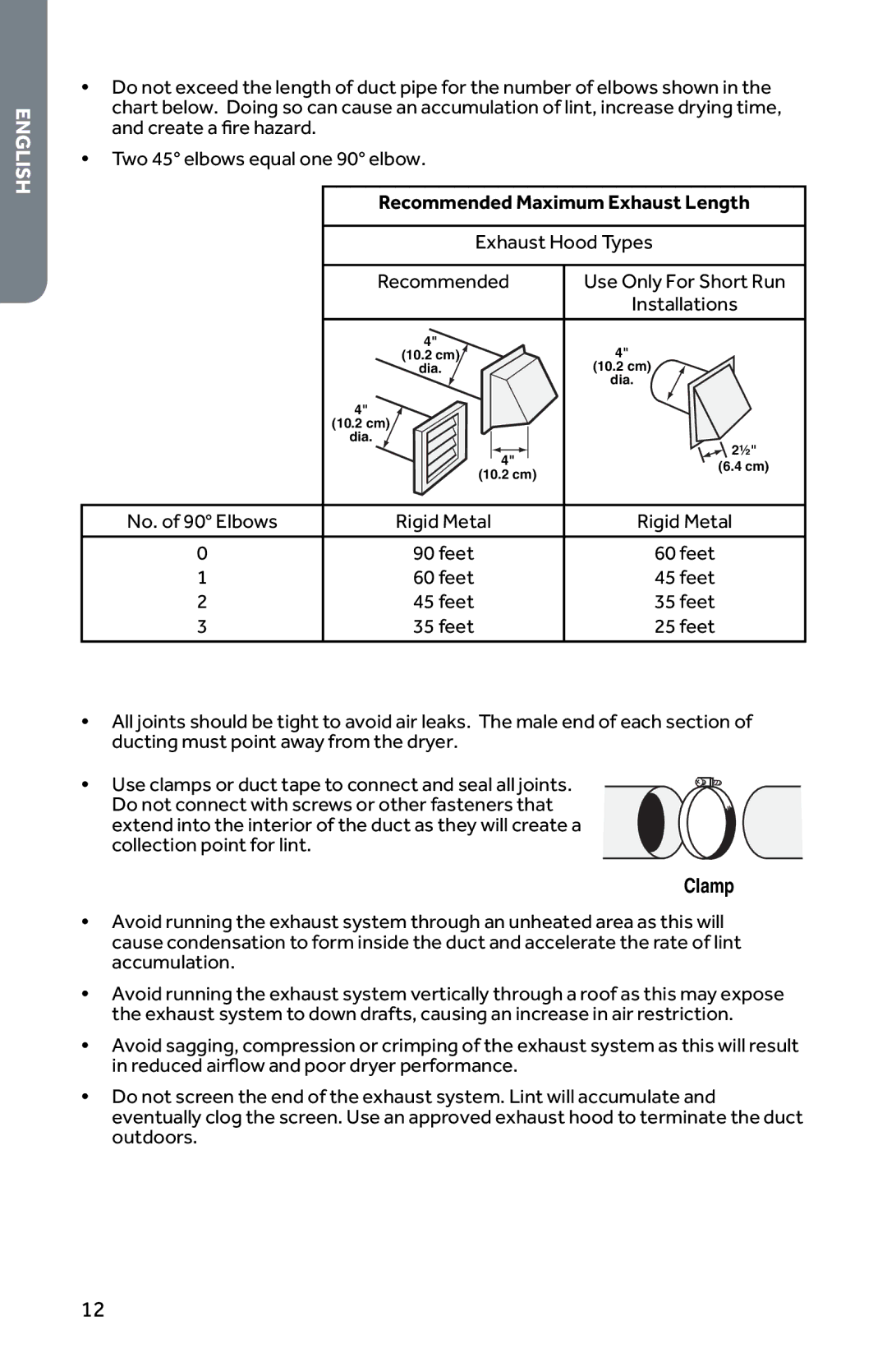 Haier RDG350AW, CRDE350AW user manual Recommended Maximum Exhaust Length, Clamp 