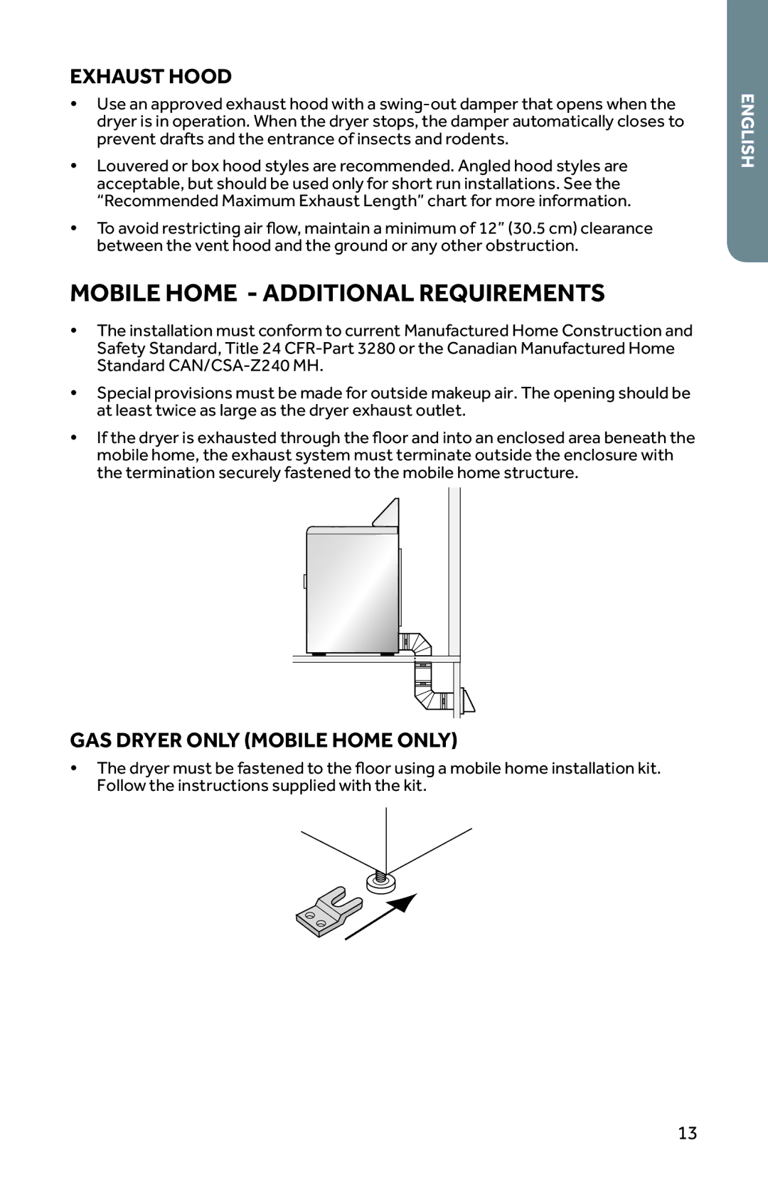 Haier CRDE350AW, RDG350AW user manual Mobile Home Additional Requirements, Exhaust Hood, GAS Dryer only Mobile Home only 