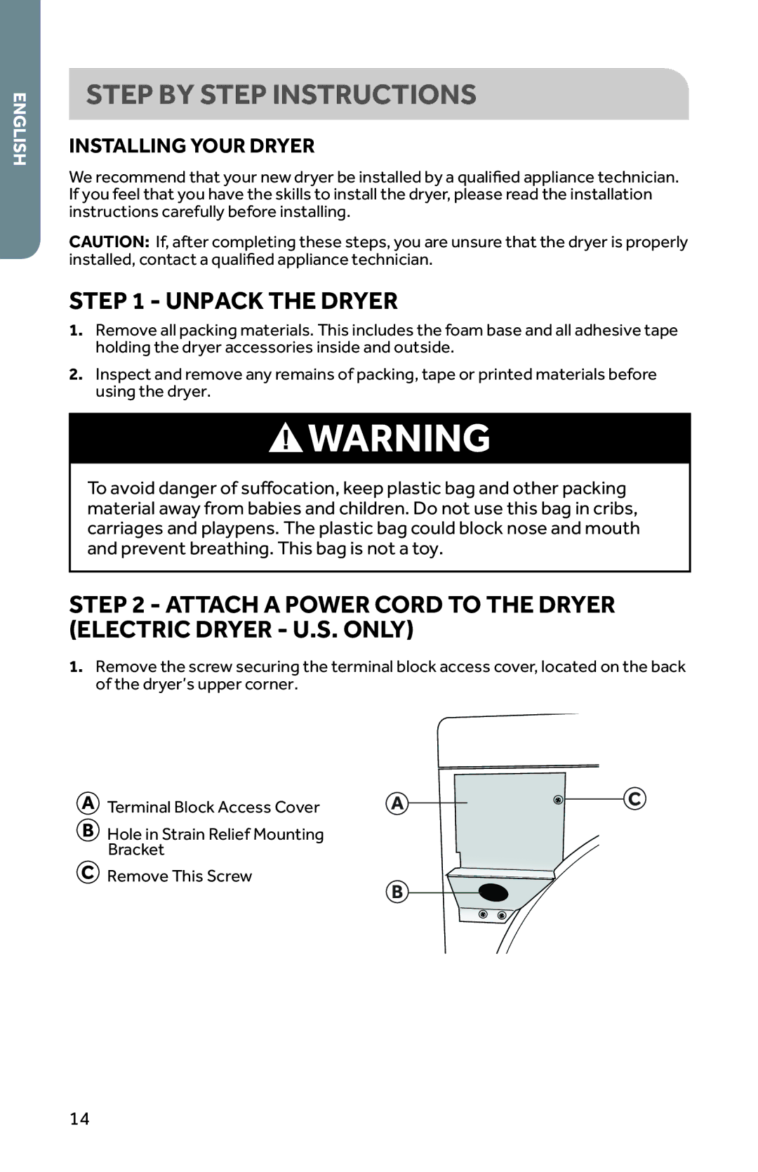 Haier RDG350AW Step by Step Instructions, Unpack the Dryer, Attach a Power Cord to the Dryer Electric Dryer U.S. only 