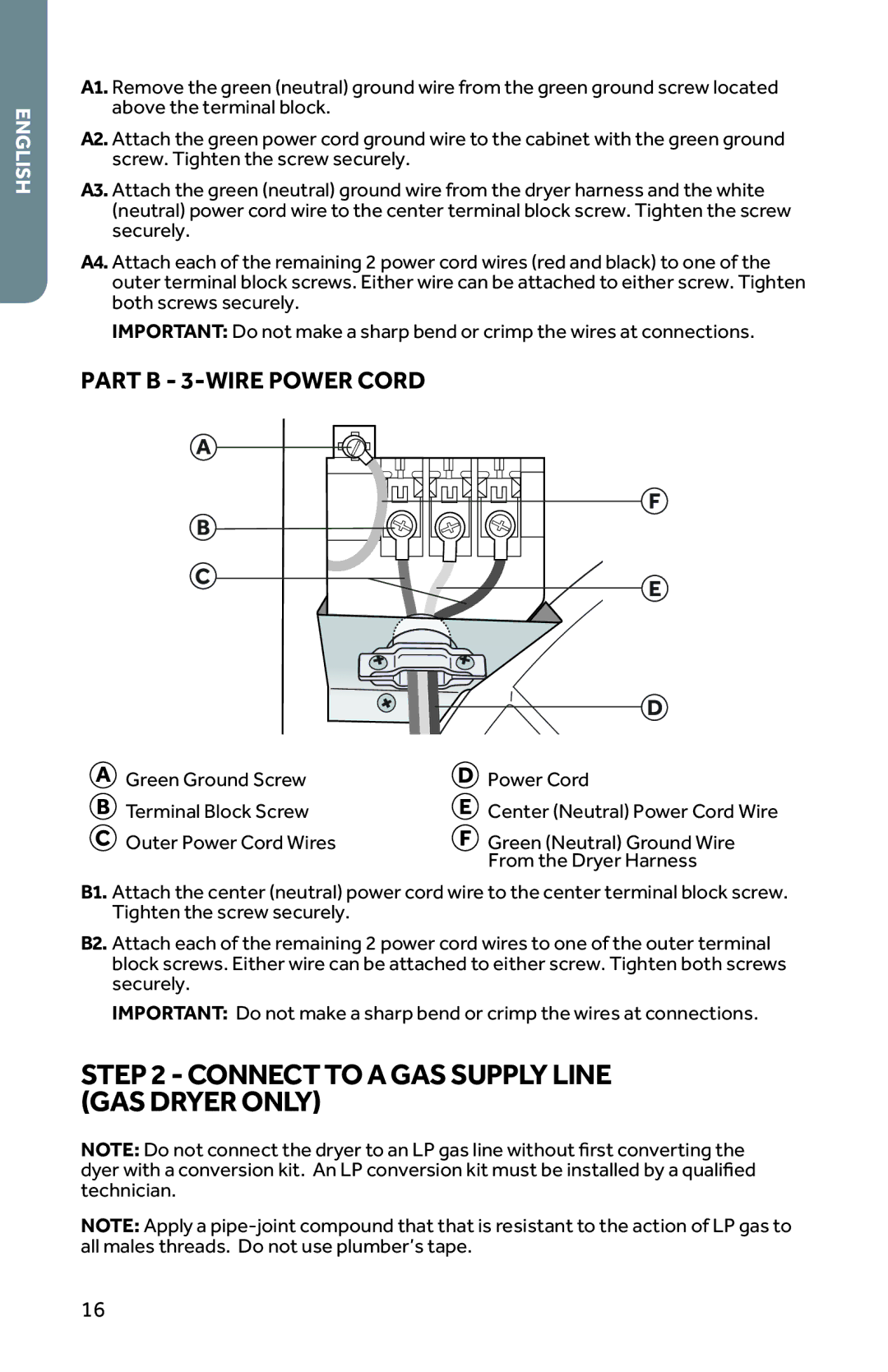 Haier CRDE350AW, RDG350AW user manual Connect to a GAS Supply Line GAS Dryer only, Part B 3-WIRE Power Cord 