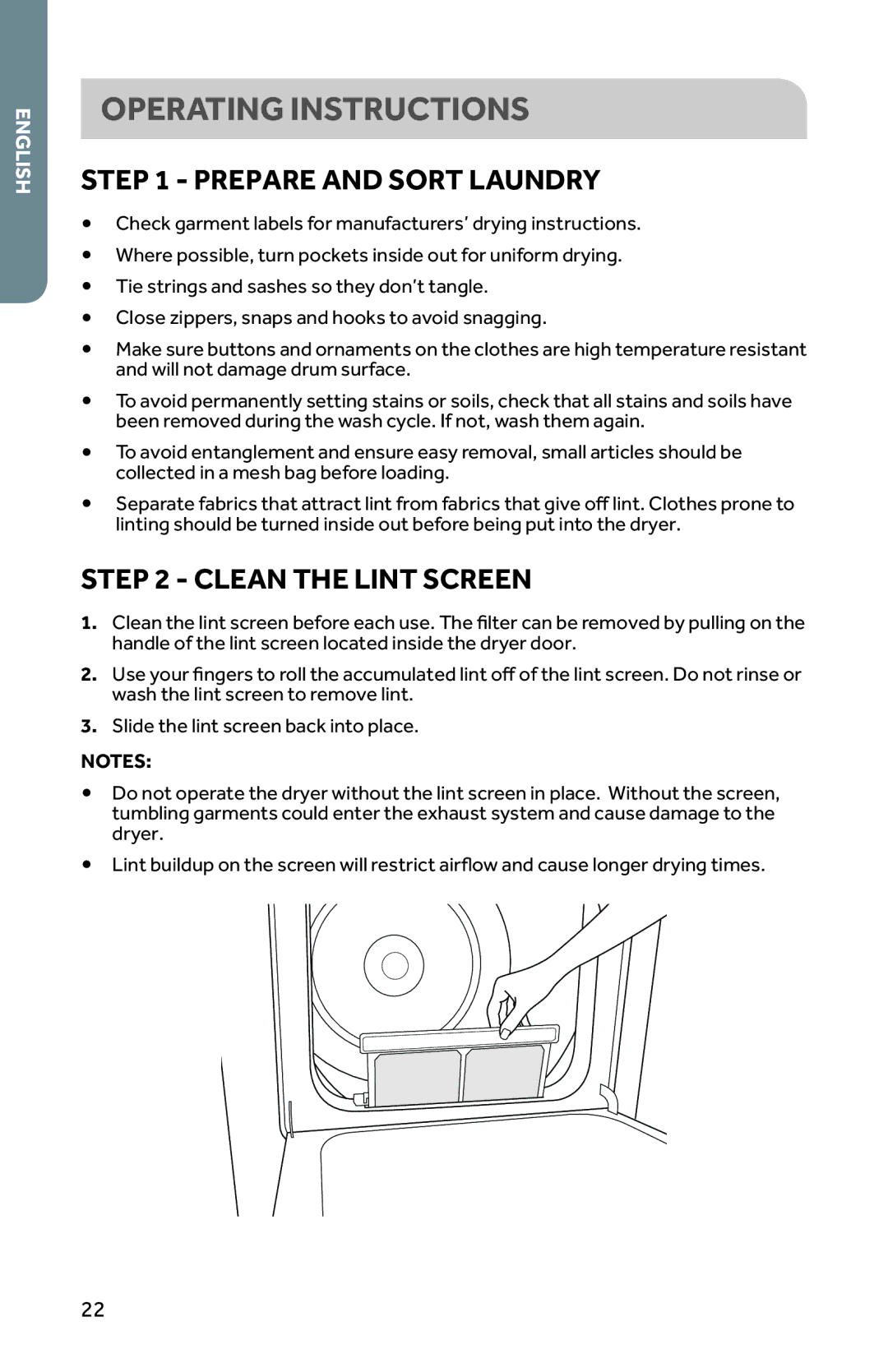 Haier CRDE350AW, RDG350AW user manual Operating Instructions, Prepare and Sort Laundry, Clean the Lint Screen 