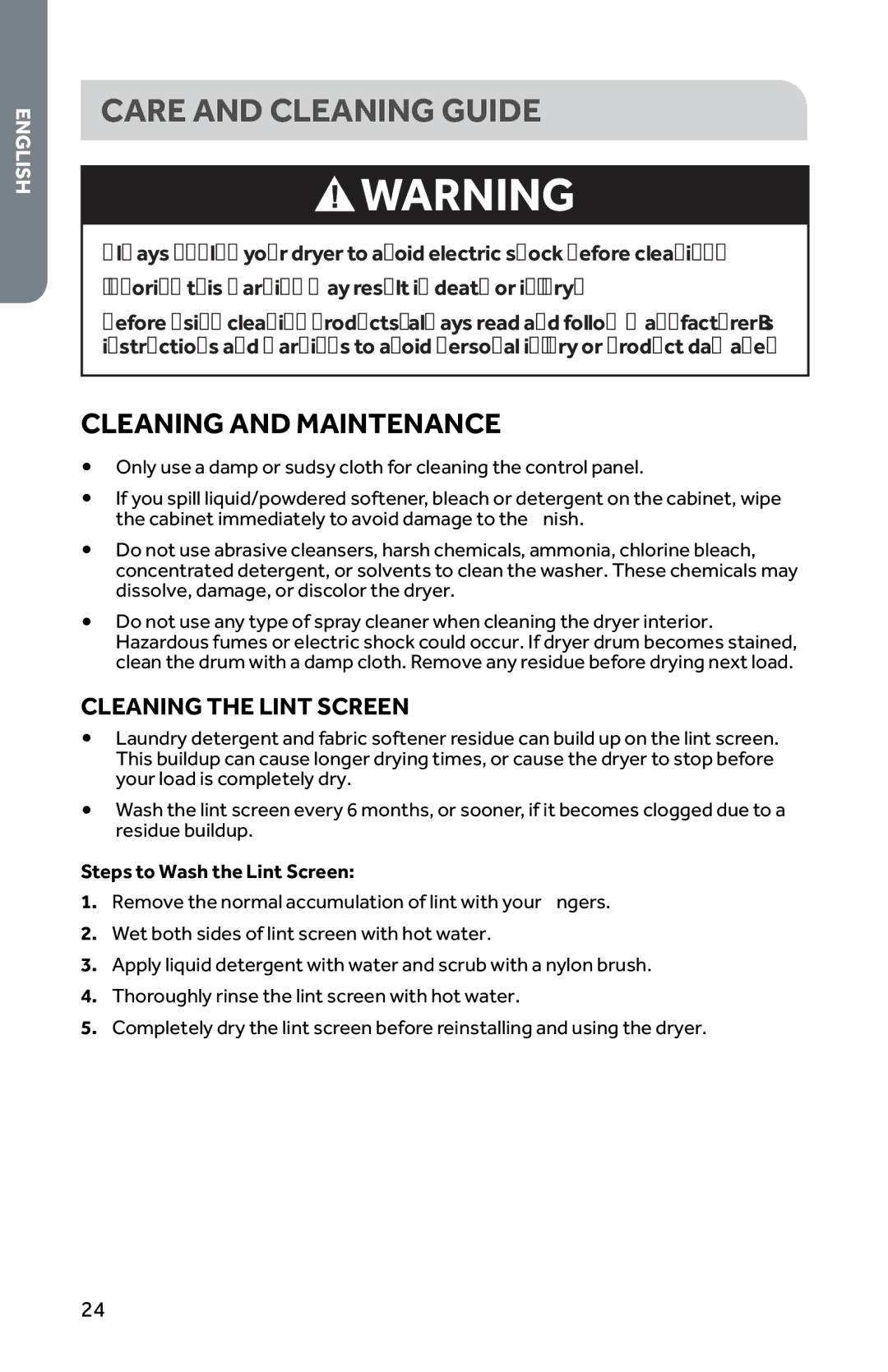 Haier RDE350AW Care and Cleaning Guide, Cleaning and Maintenance, Cleaning the Lint Screen, Steps to Wash the Lint Screen 