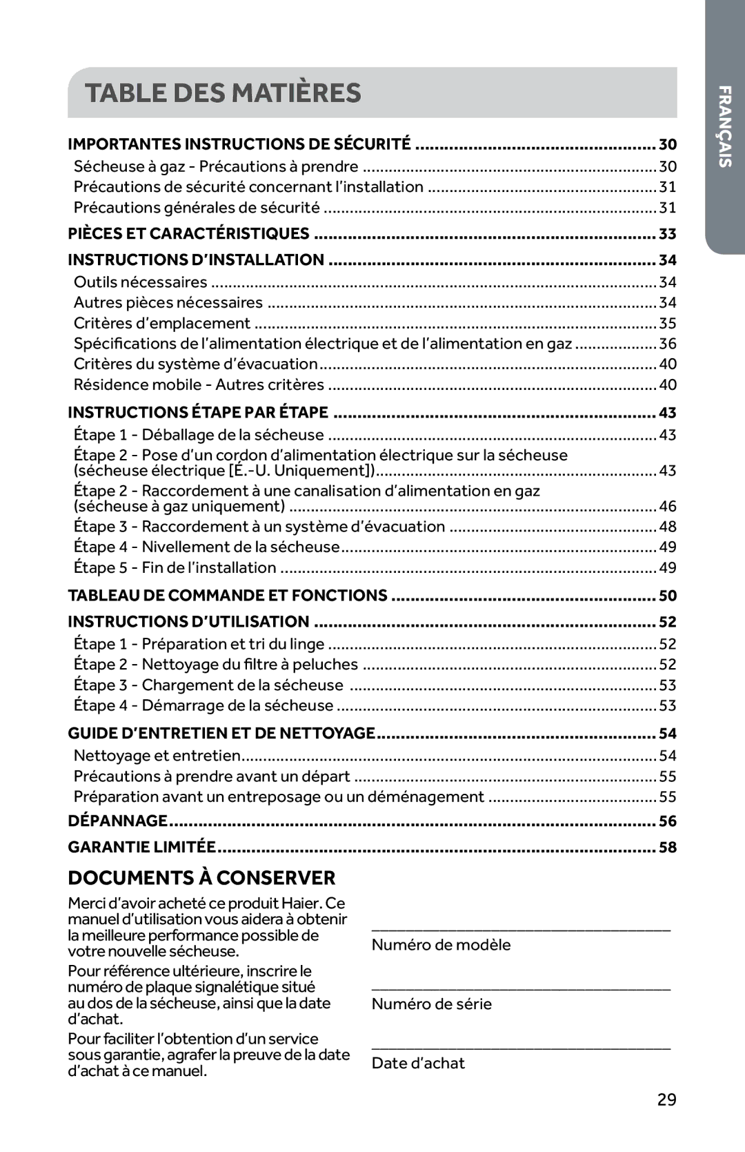 Haier RDG350AW, CRDE350AW user manual Table DES Matières, Documents À Conserver 