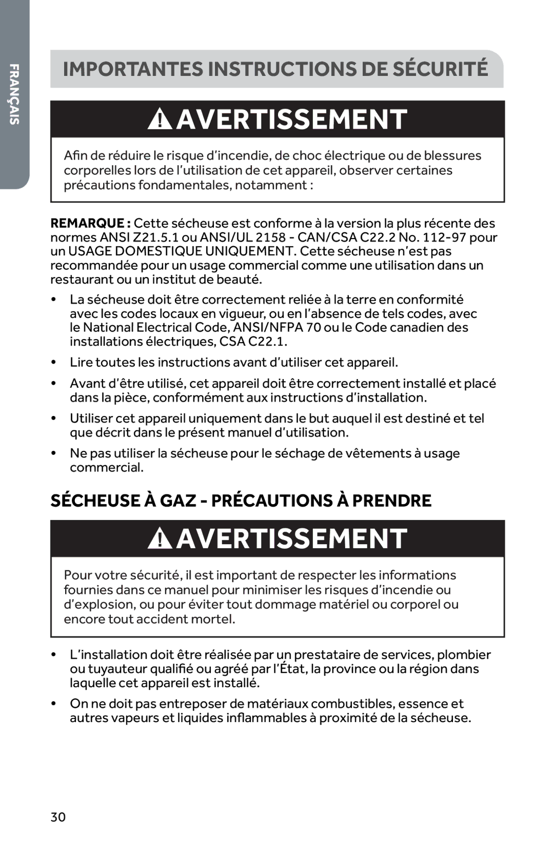 Haier RDG350AW, CRDE350AW user manual Importantes Instructions DE Sécurité, Sécheuse À GAZ Précautions À Prendre 