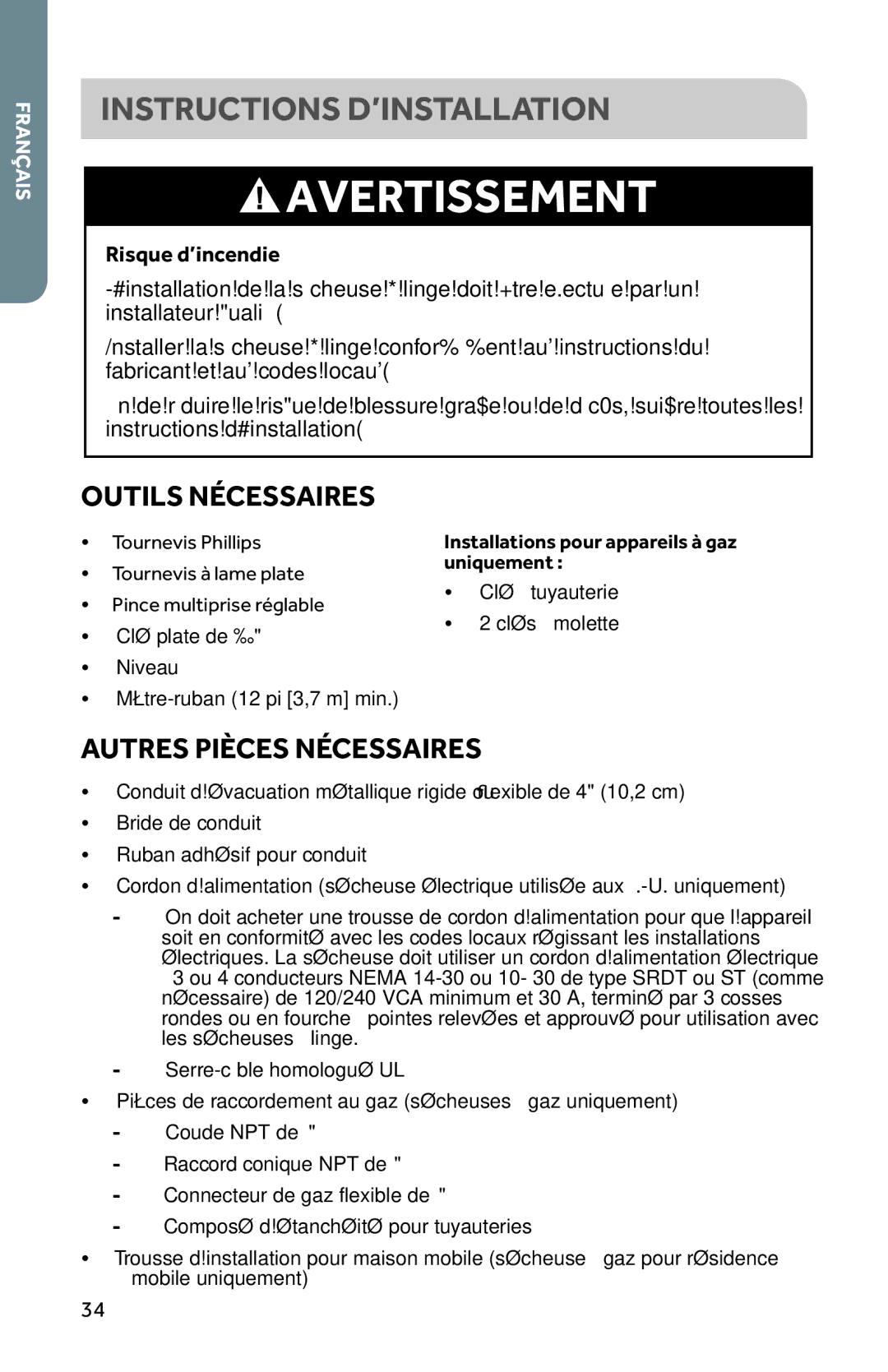 Haier CRDE350AW, RDG350AW Instructions D’INSTALLATION, Outils Nécessaires, Autres Pièces Nécessaires, Risque d’incendie 