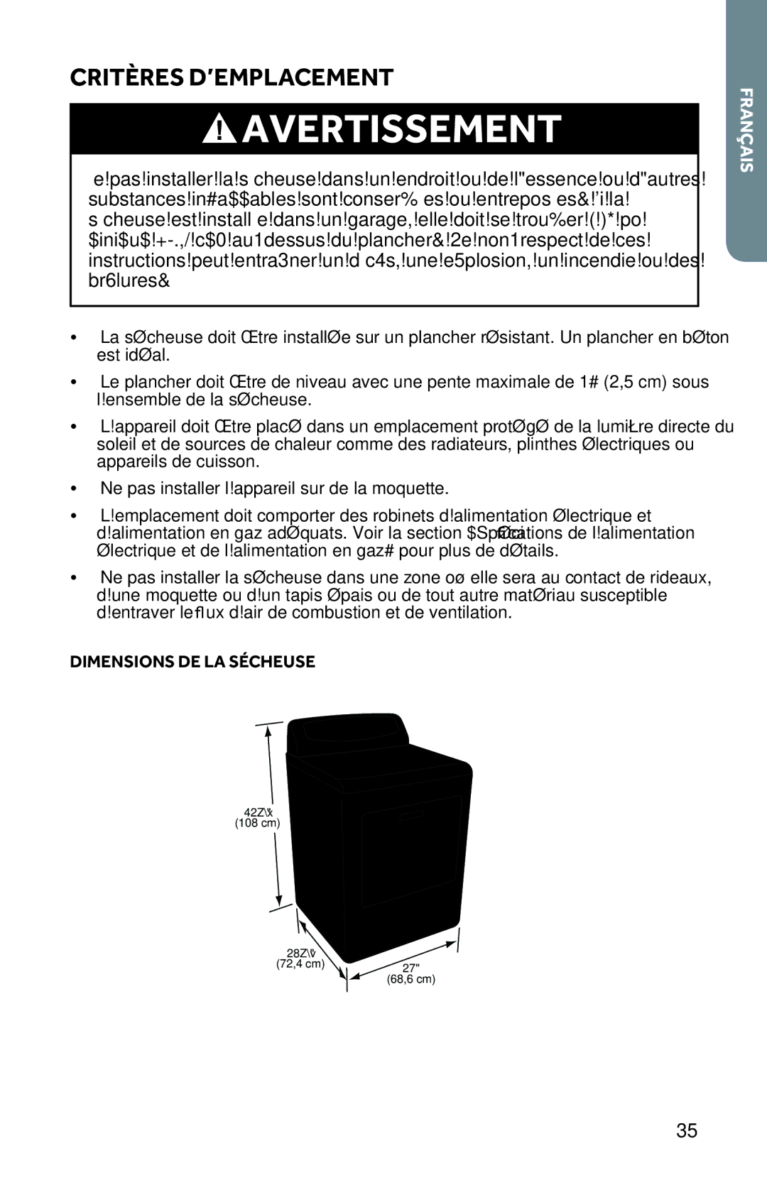 Haier RDG350AW, CRDE350AW user manual Critères D’EMPLACEMENT, Dimensions DE LA Sécheuse 