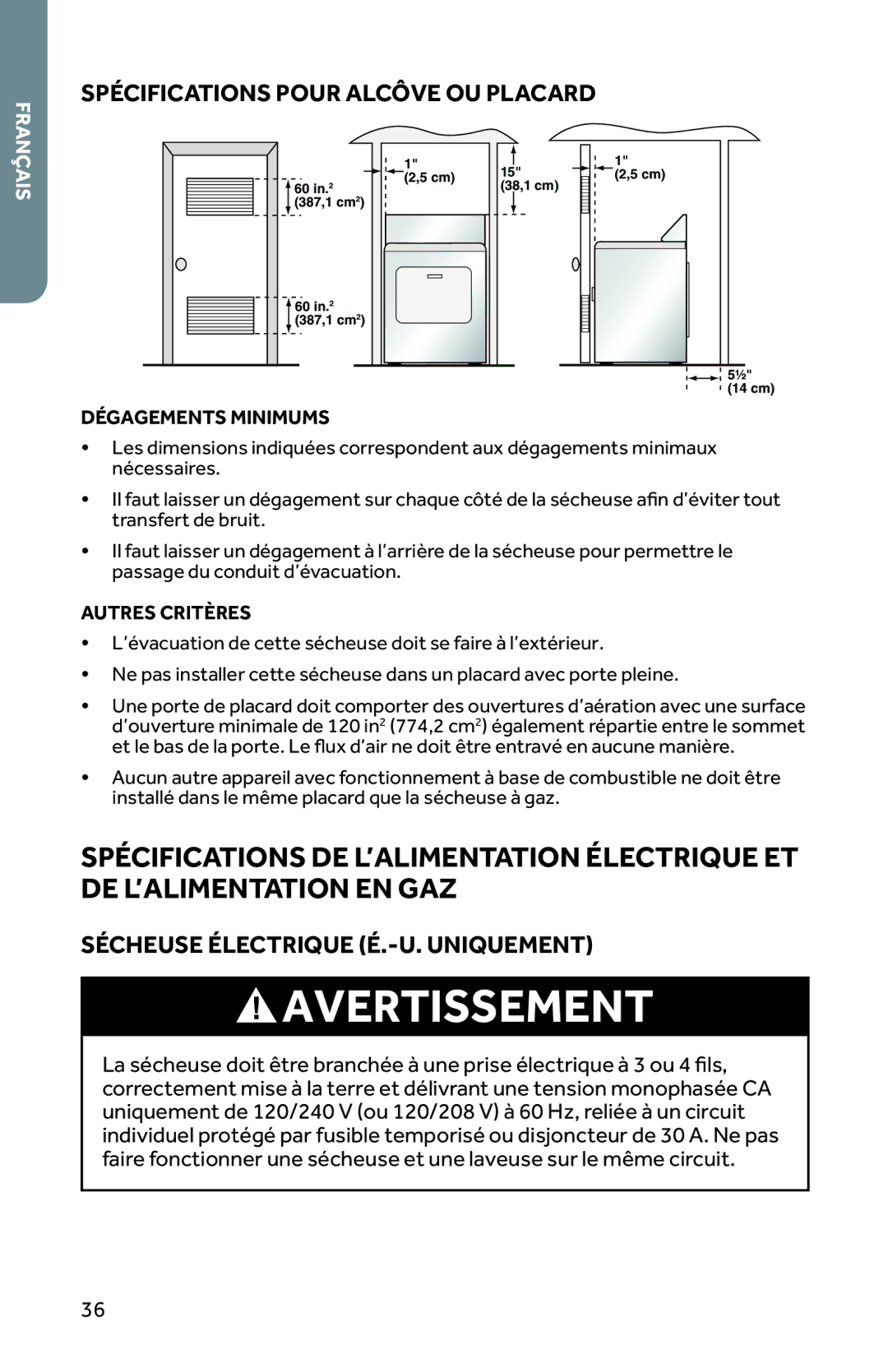 Haier RDE350AW, RDG350AW Spécifications Pour Alcôve OU Placard, Sécheuse Électrique É.-U. Uniquement, Dégagements Minimums 