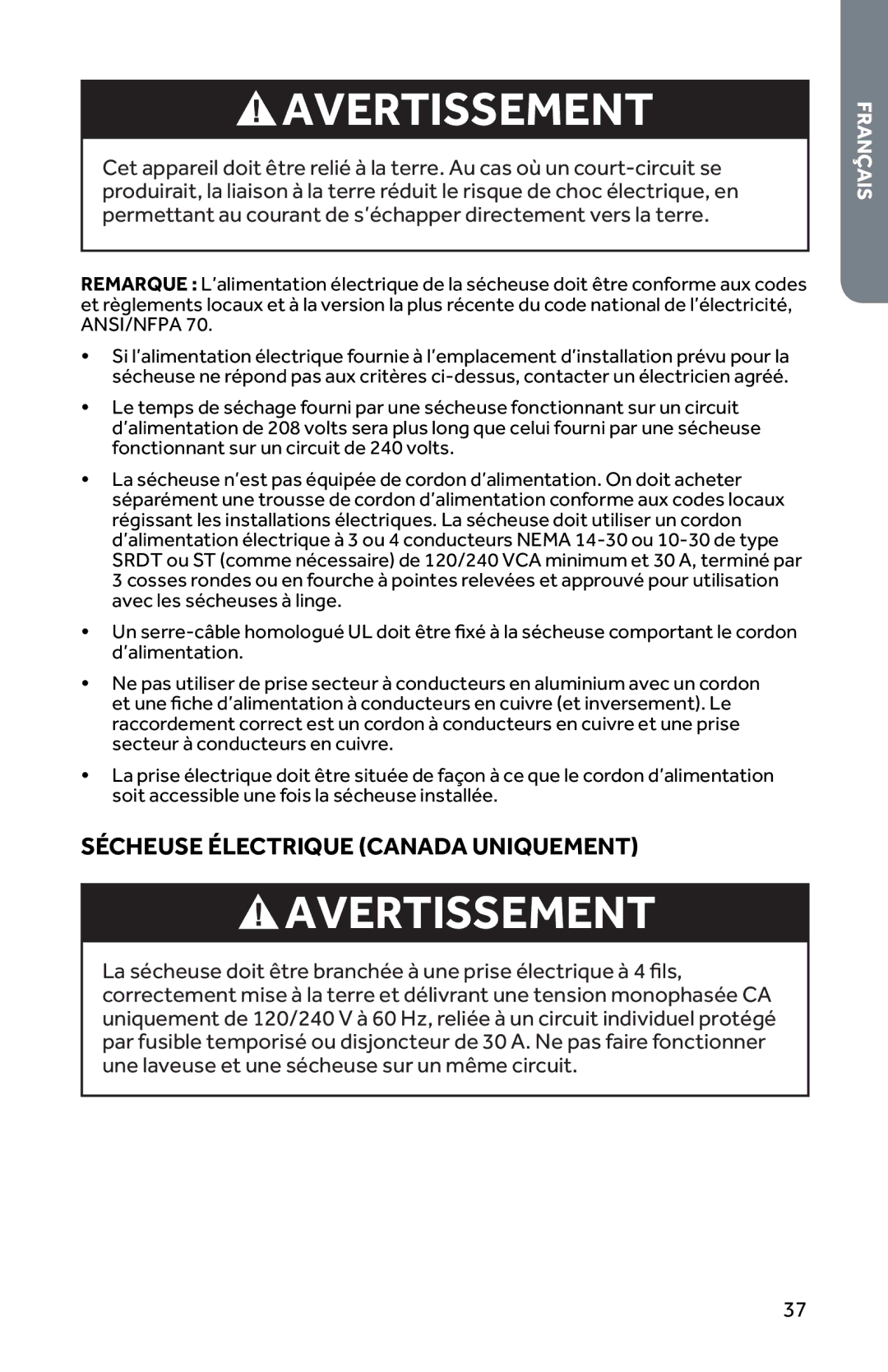 Haier CRDE350AW, RDG350AW user manual Sécheuse Électrique Canada Uniquement 