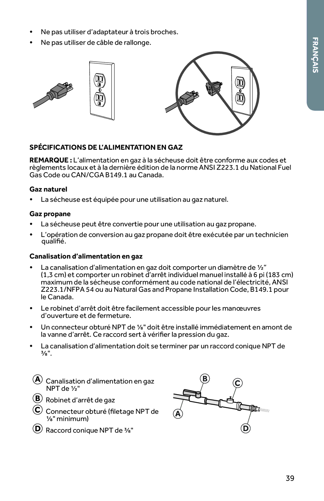 Haier RDE350AW Spécifications DE L’ALIMENTATION EN GAZ, Gaz naturel, Gaz propane, Canalisation d’alimentation en gaz 