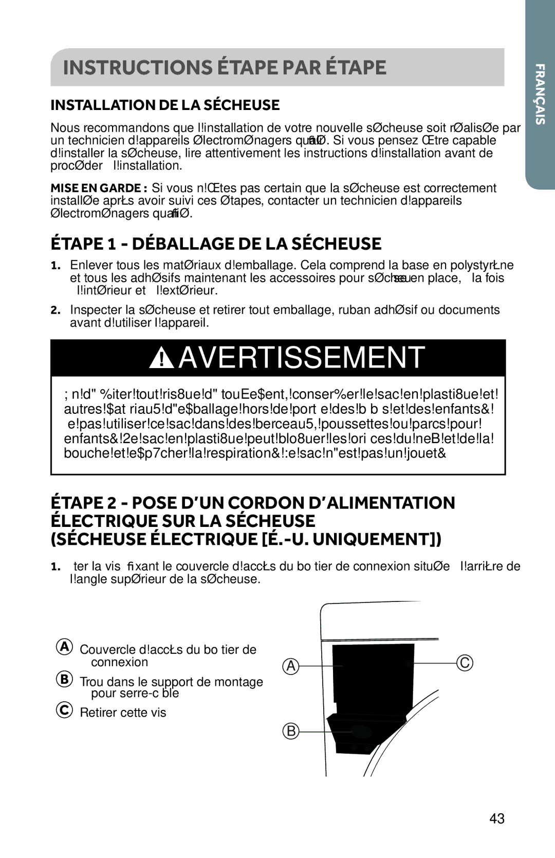 Haier CRDE350AW Instructions Étape PAR Étape, Étape 1 Déballage DE LA Sécheuse, Sécheuse Électrique É.-U. Uniquement 