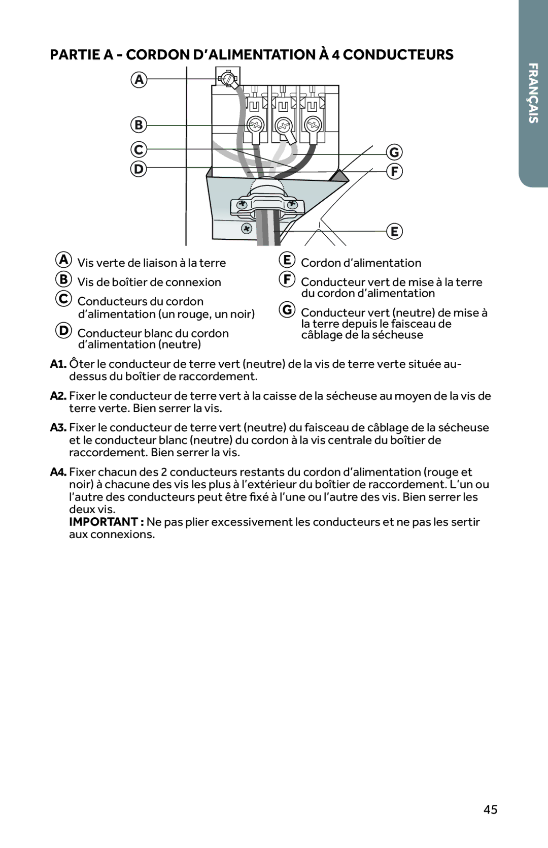 Haier RDG350AW, CRDE350AW user manual Partie a Cordon D’ALIMENTATION À 4 Conducteurs 