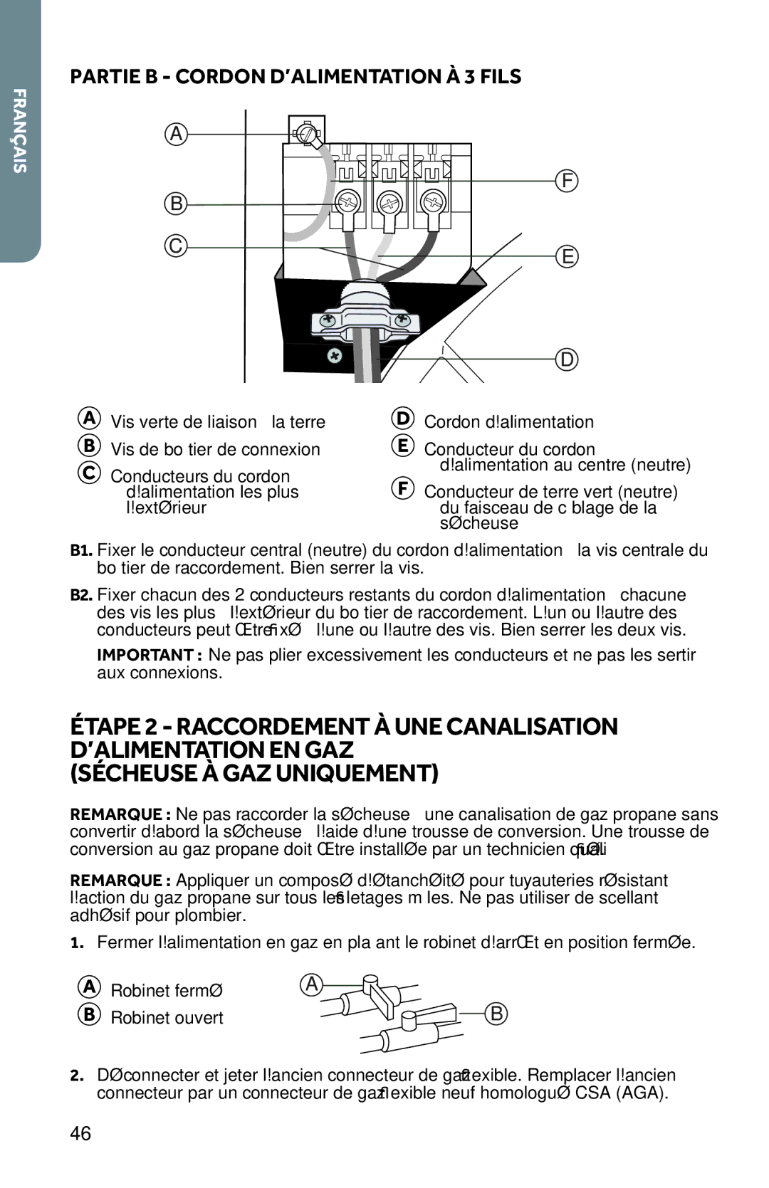 Haier CRDE350AW, RDG350AW user manual Partie B Cordon D’ALIMENTATION À 3 Fils 