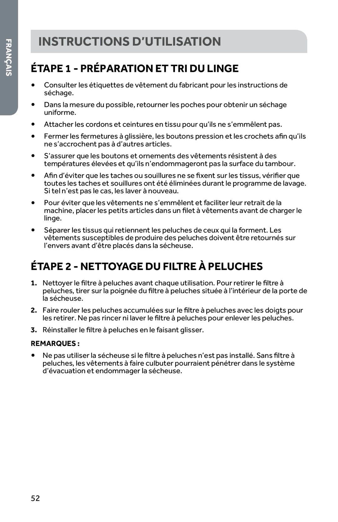 Haier CRDE350AW Instructions D’UTILISATION, Étape 1 Préparation ET TRI DU Linge, Étape 2 Nettoyage DU Filtre À Peluches 