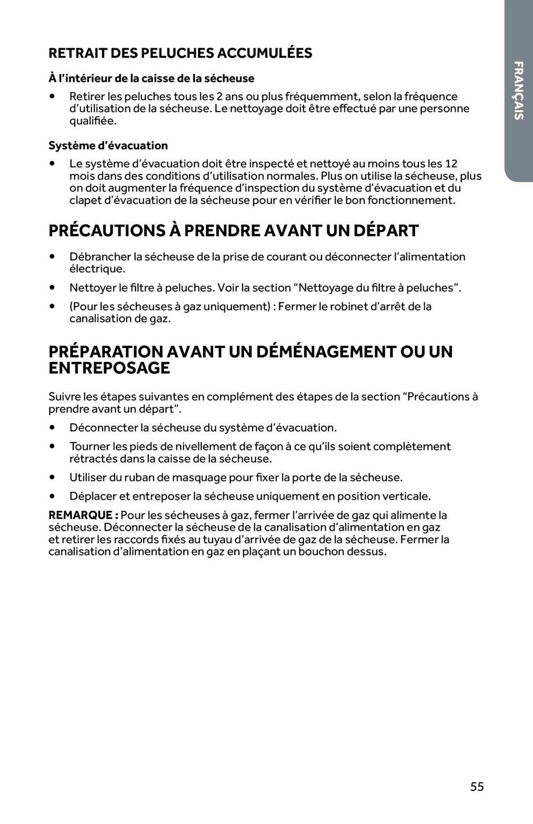 Haier CRDE350AW, RDG350AW Précautions À Prendre Avant UN Départ, Préparation Avant UN Déménagement OU UN Entreposage 