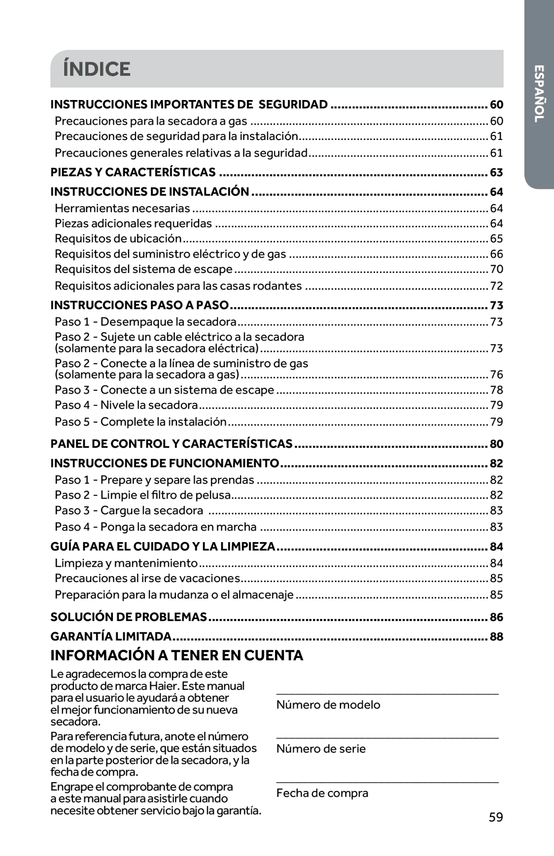 Haier RDG350AW, CRDE350AW user manual Índice, Información a Tener EN Cuenta 