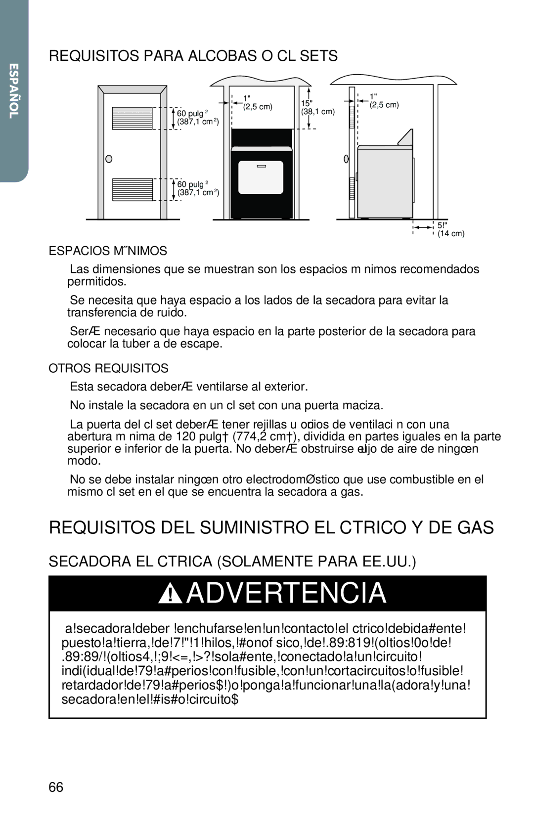 Haier RDE350AW, RDG350AW Requisitos DEL Suministro Eléctrico Y DE GAS, Requisitos Para Alcobas O Clósets, Espacios Mínimos 