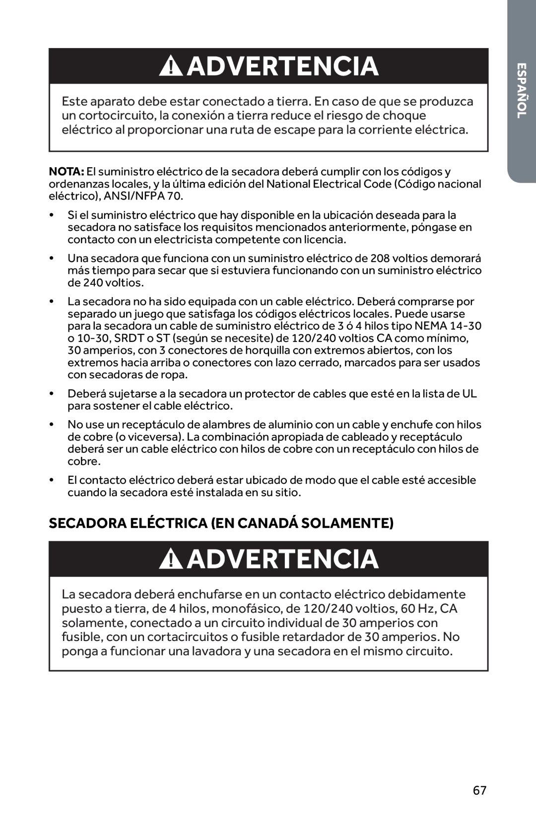 Haier CRDE350AW, RDG350AW user manual Secadora Eléctrica EN Canadá Solamente 