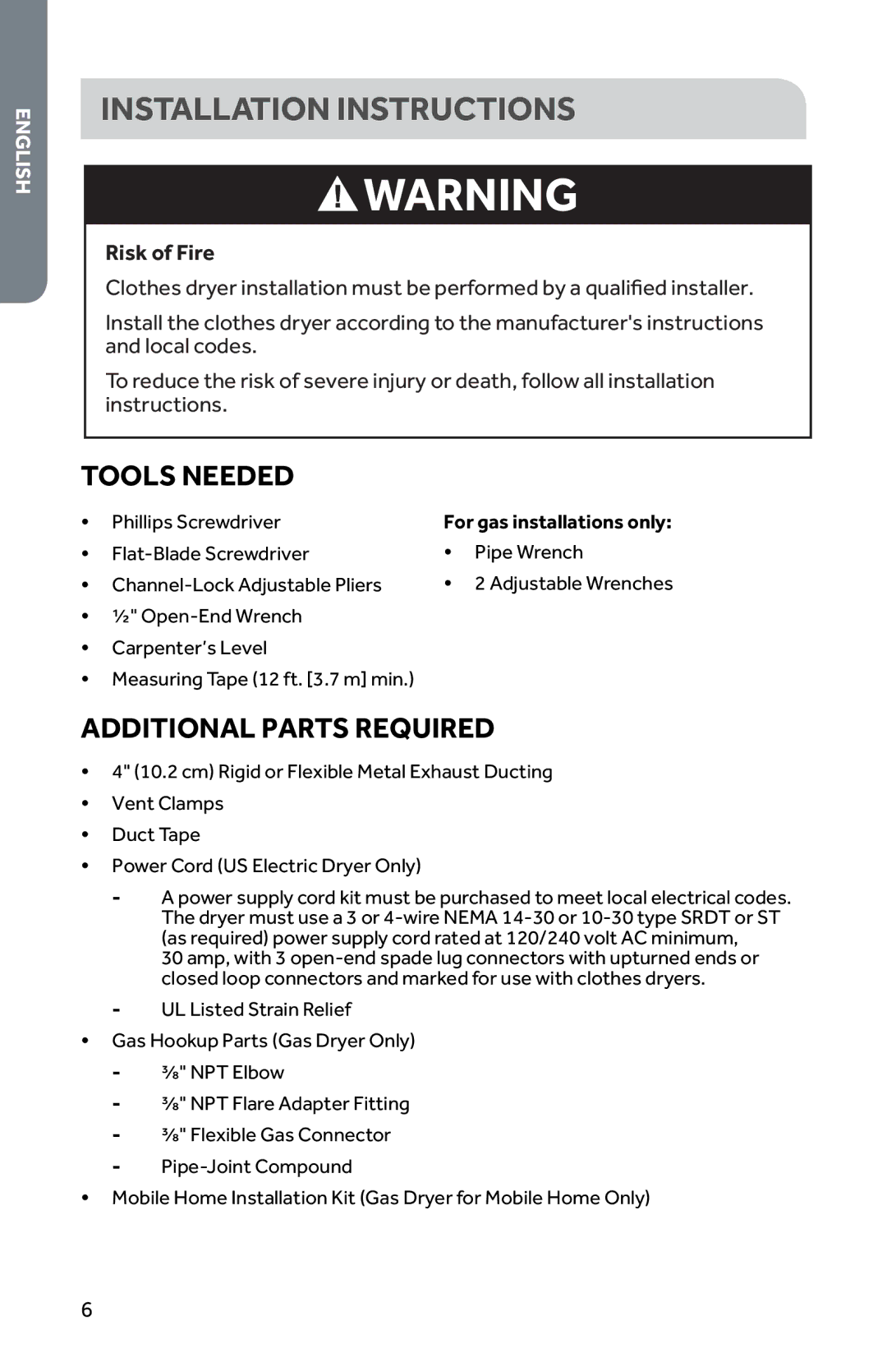 Haier RDG350AW, CRDE350AW user manual Installation Instructions, Tools Needed, Additional Parts Required, Risk of Fire 