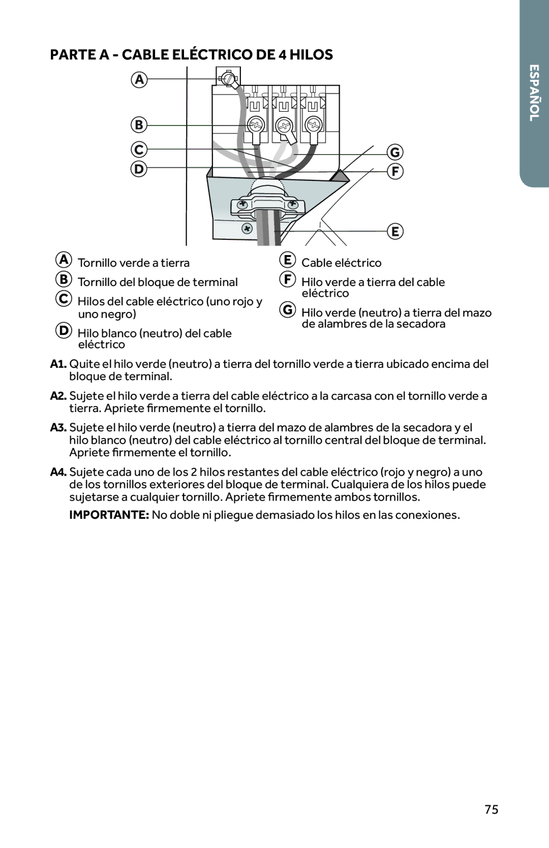 Haier RDG350AW, CRDE350AW user manual Parte a Cable Eléctrico DE 4 Hilos 