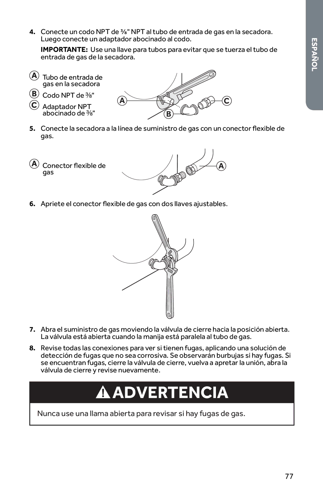 Haier RDG350AW, CRDE350AW user manual Nunca use una llama abierta para revisar si hay fugas de gas 