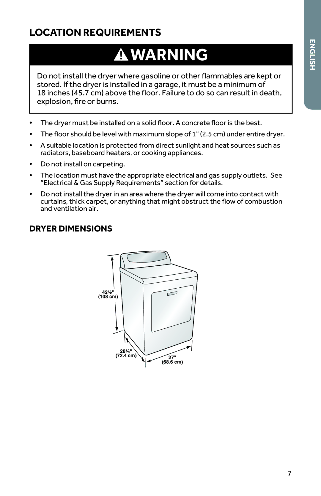 Haier CRDE350AW, RDG350AW user manual Location Requirements, Dryer Dimensions 