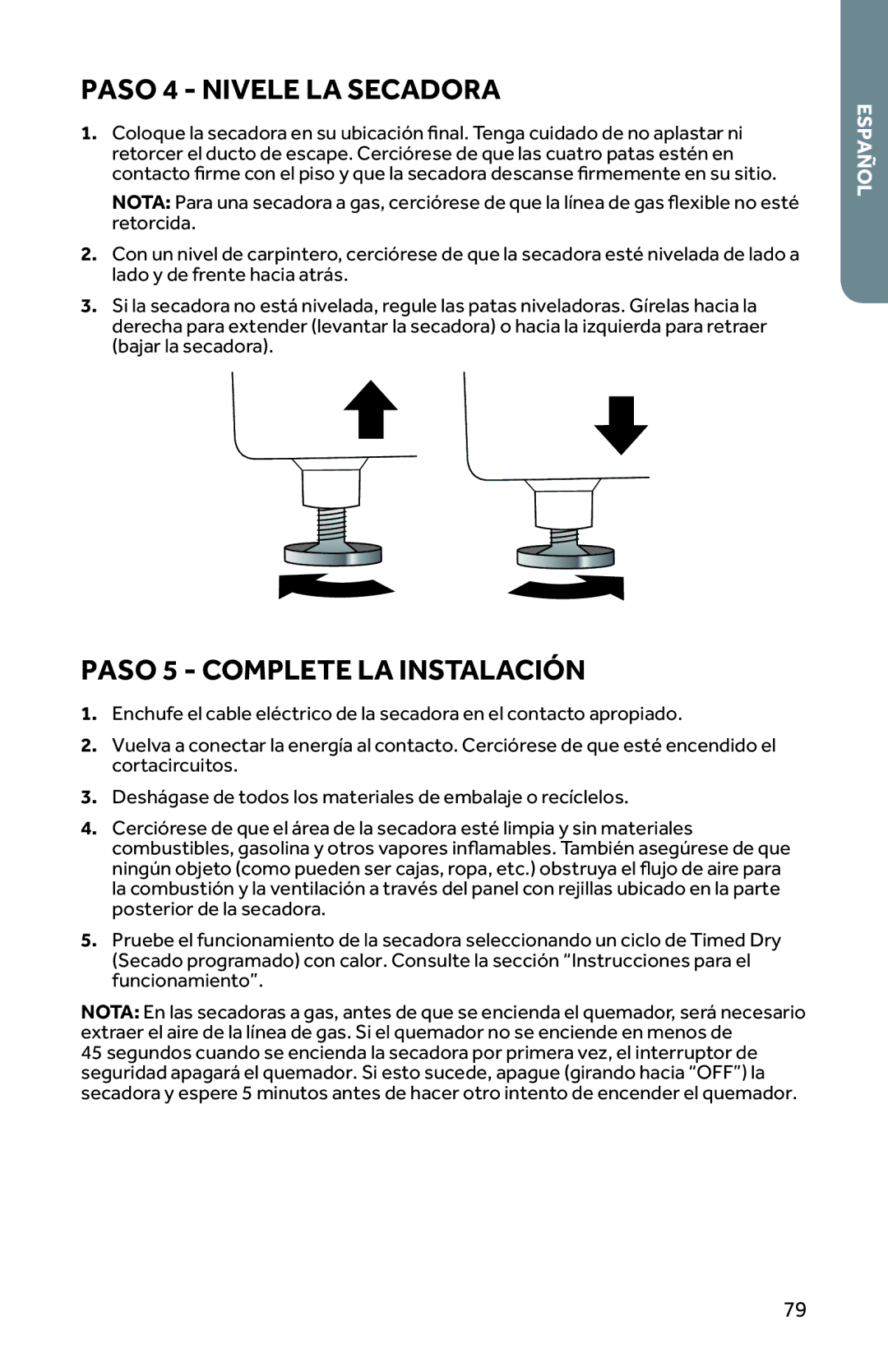 Haier CRDE350AW, RDG350AW user manual Paso 4 Nivele LA Secadora, Paso 5 Complete LA Instalación 