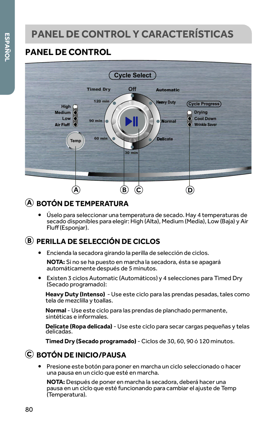 Haier RDG350AW, RDE350AW Panel DE Control Y Características, Botón DE Temperatura, Perilla DE Selección DE Ciclos 