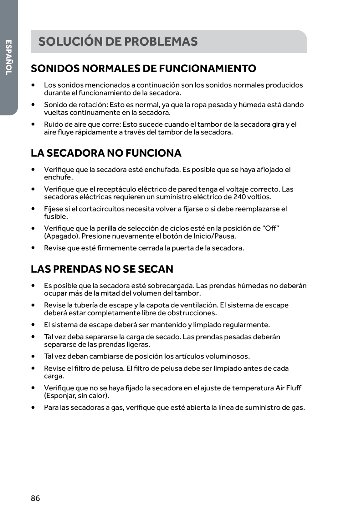 Haier RDG350AW Solución DE Problemas, Sonidos Normales DE Funcionamiento, LA Secadora no Funciona, LAS Prendas no SE Secan 