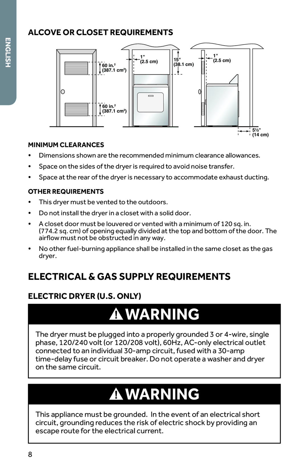 Haier RDG350AW, RDE350AW Electrical & GAS Supply Requirements, Alcove or Closet Requirements, Electric Dryer U.S. only 