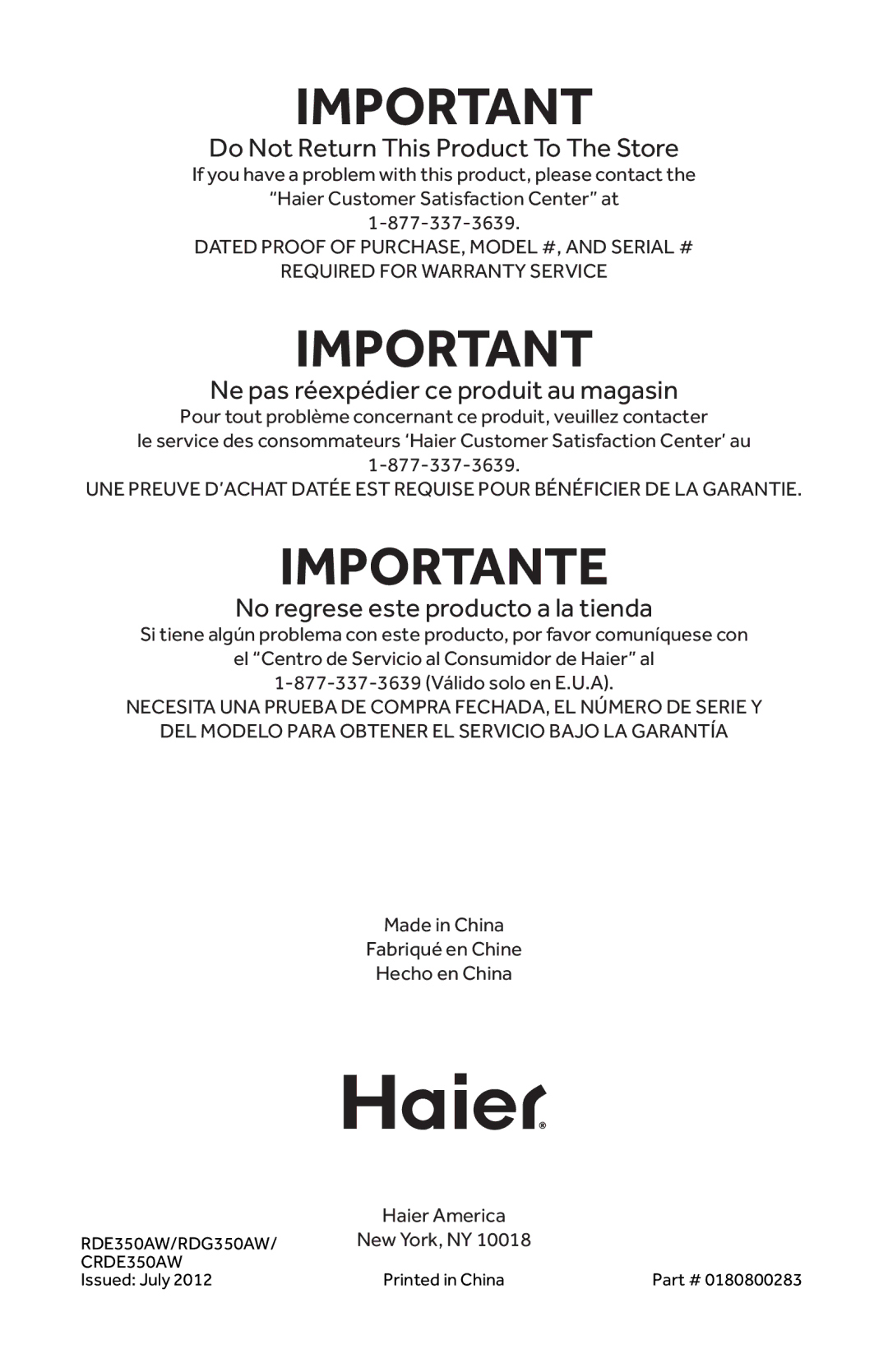 Haier RDG350AW, CRDE350AW user manual Importante 