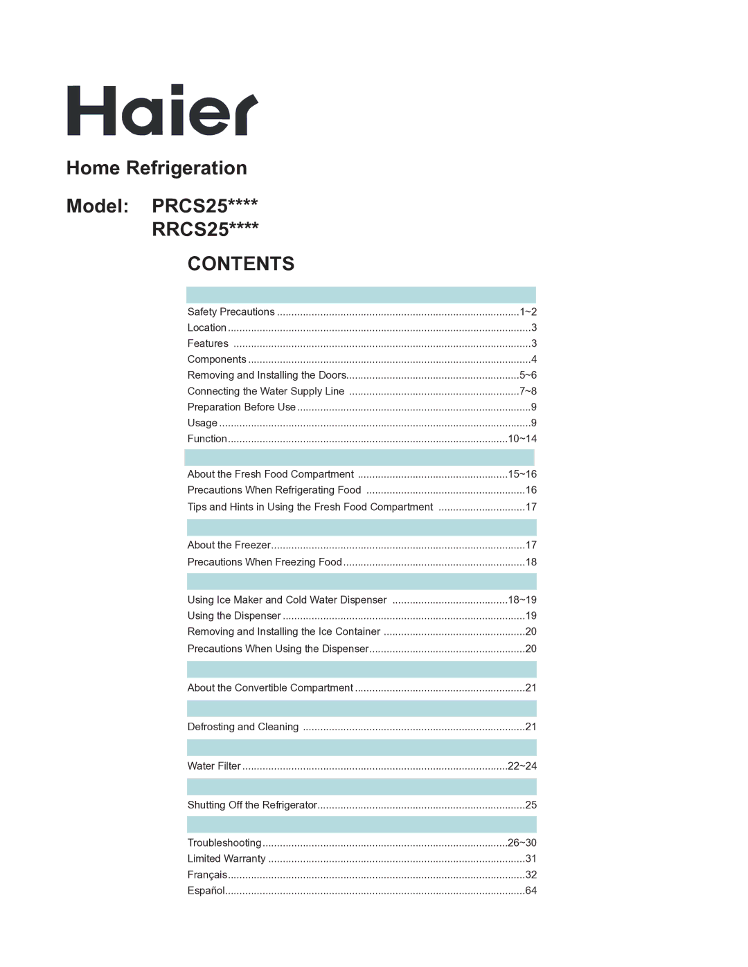 Haier PRCS25ED, PRCS25SD, RRCS25TD warranty Home Refrigeration Model PRCS25 RRCS25 Contents 