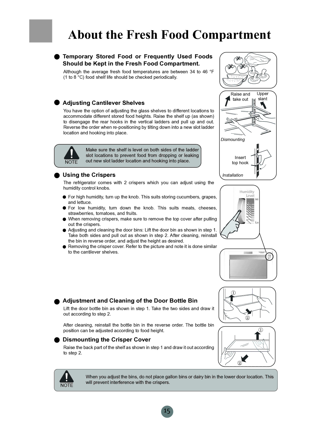 Haier PRCS25ED, RRCS25, PRCS25SD warranty About the Fresh Food Compartment, Adjusting Cantilever Shelves, Using the Crispers 