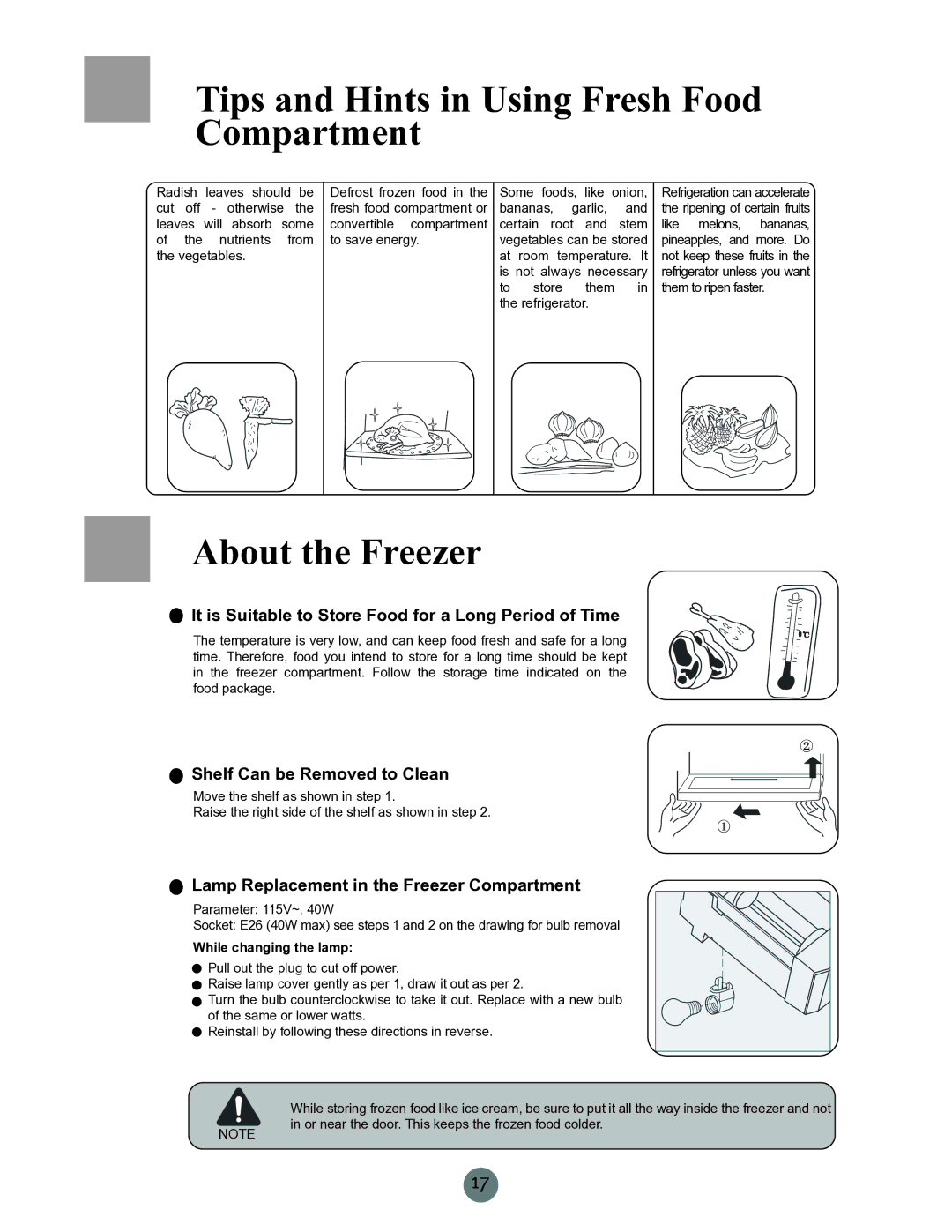 Haier PRCS25SD, RRCS25 Tips and Hints in Using Fresh Food Compartment, About the Freezer, Shelf Can be Removed to Clean 