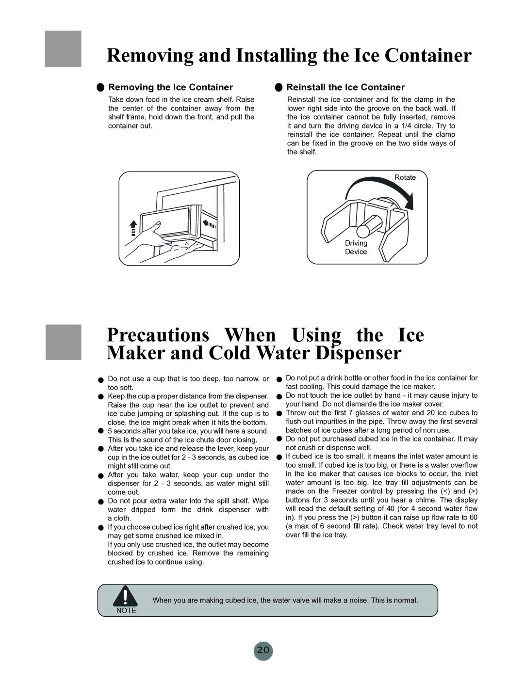 Haier PRCS25ED, RRCS25 Removing and Installing the Ice Container, Removing the Ice Container, Reinstall the Ice Container 