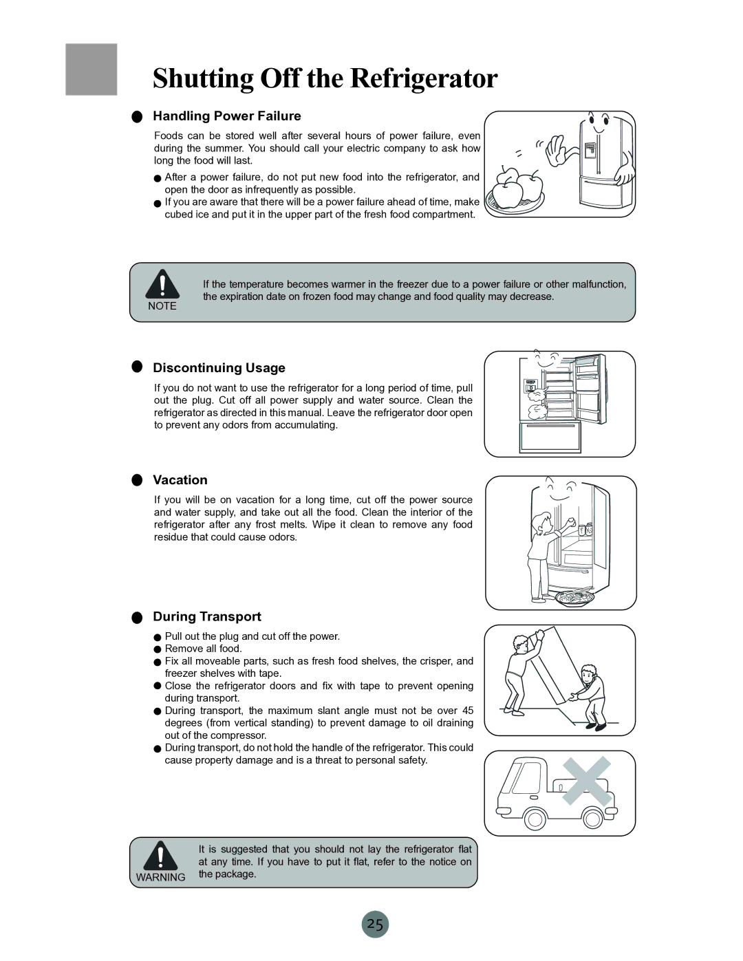 Haier PRCS25ED Shutting Off the Refrigerator, Handling Power Failure, Discontinuing Usage, Vacation, During Transport 