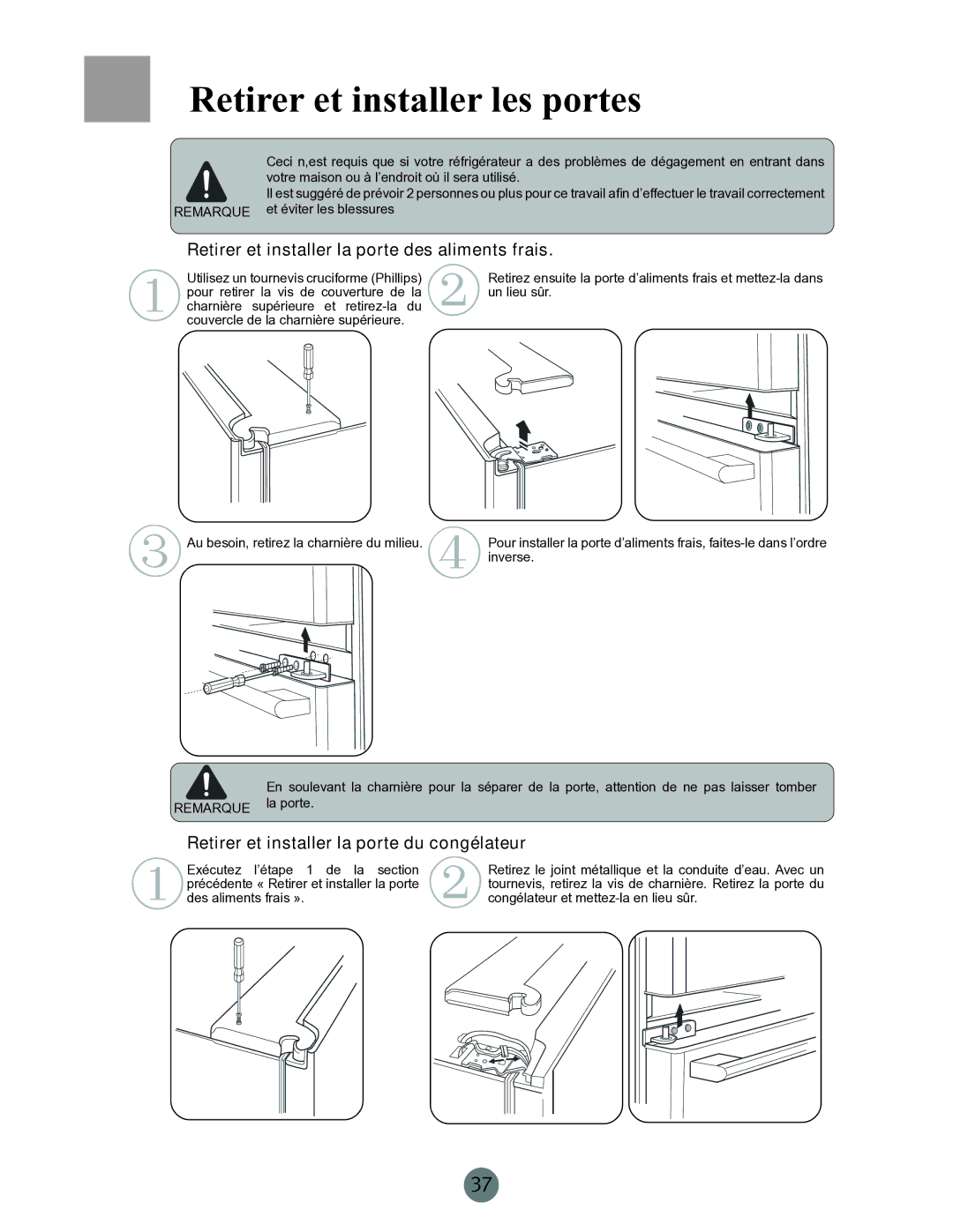 Haier PRCS25SD, PRCS25ED, RRCS25TD Retirer et installer les portes, Retirer et installer la porte des aliments frais 