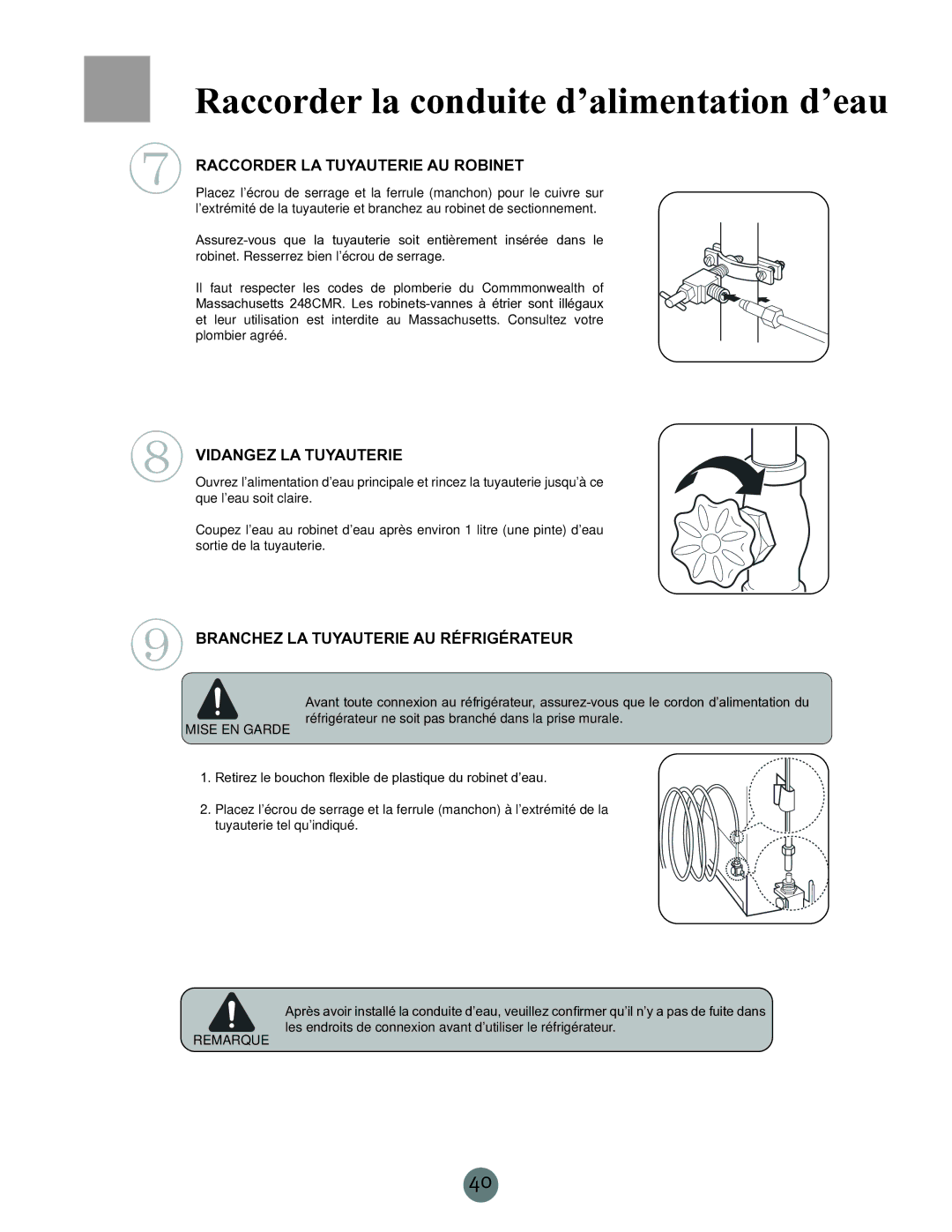 Haier PRCS25ED, RRCS25 Raccorder la tuyauterie au robinet, Vidangez la tuyauterie, Branchez la tuyauterie au réfrigérateur 