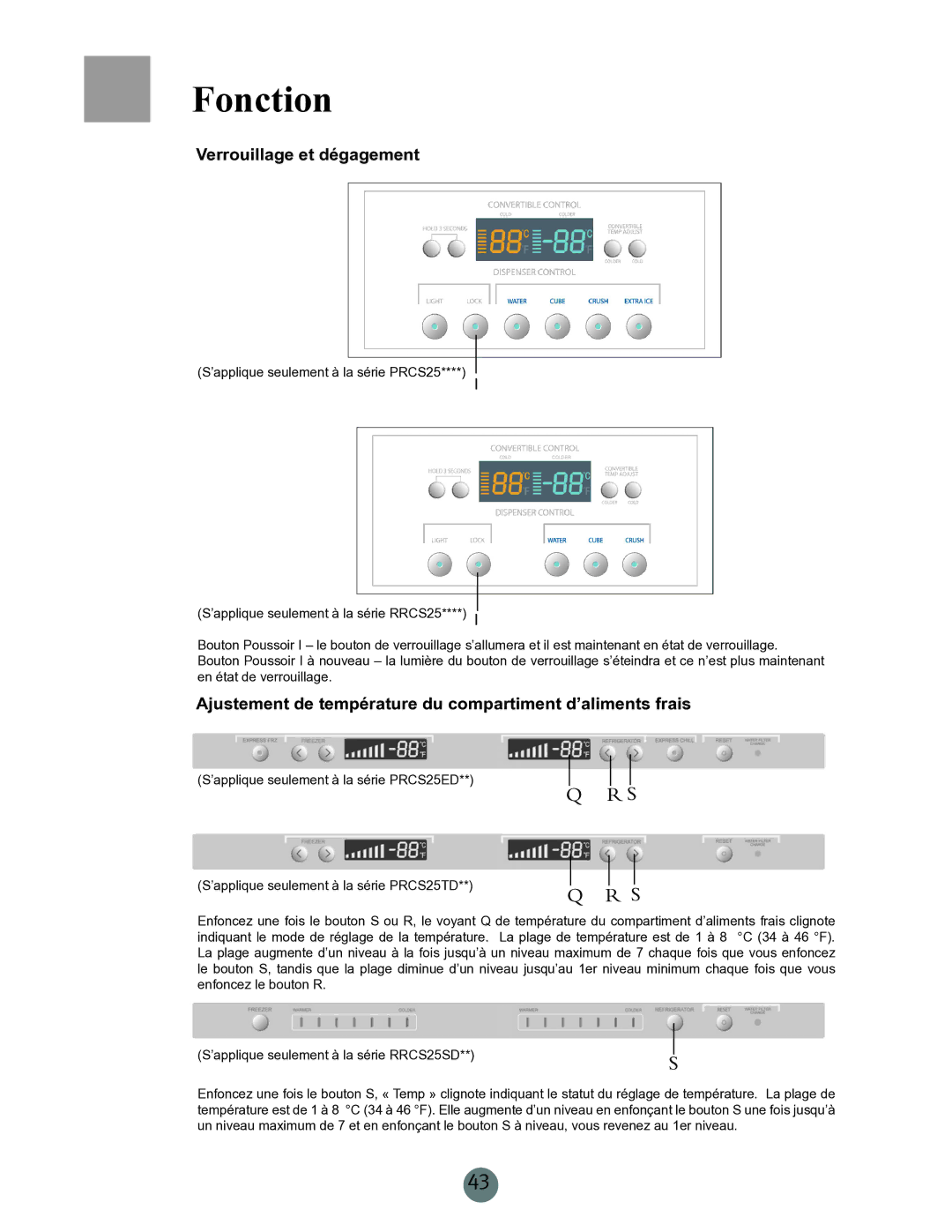 Haier RRCS25TD, PRCS25ED, PRCS25SD Verrouillage et dégagement, Ajustement de température du compartiment d’aliments frais 