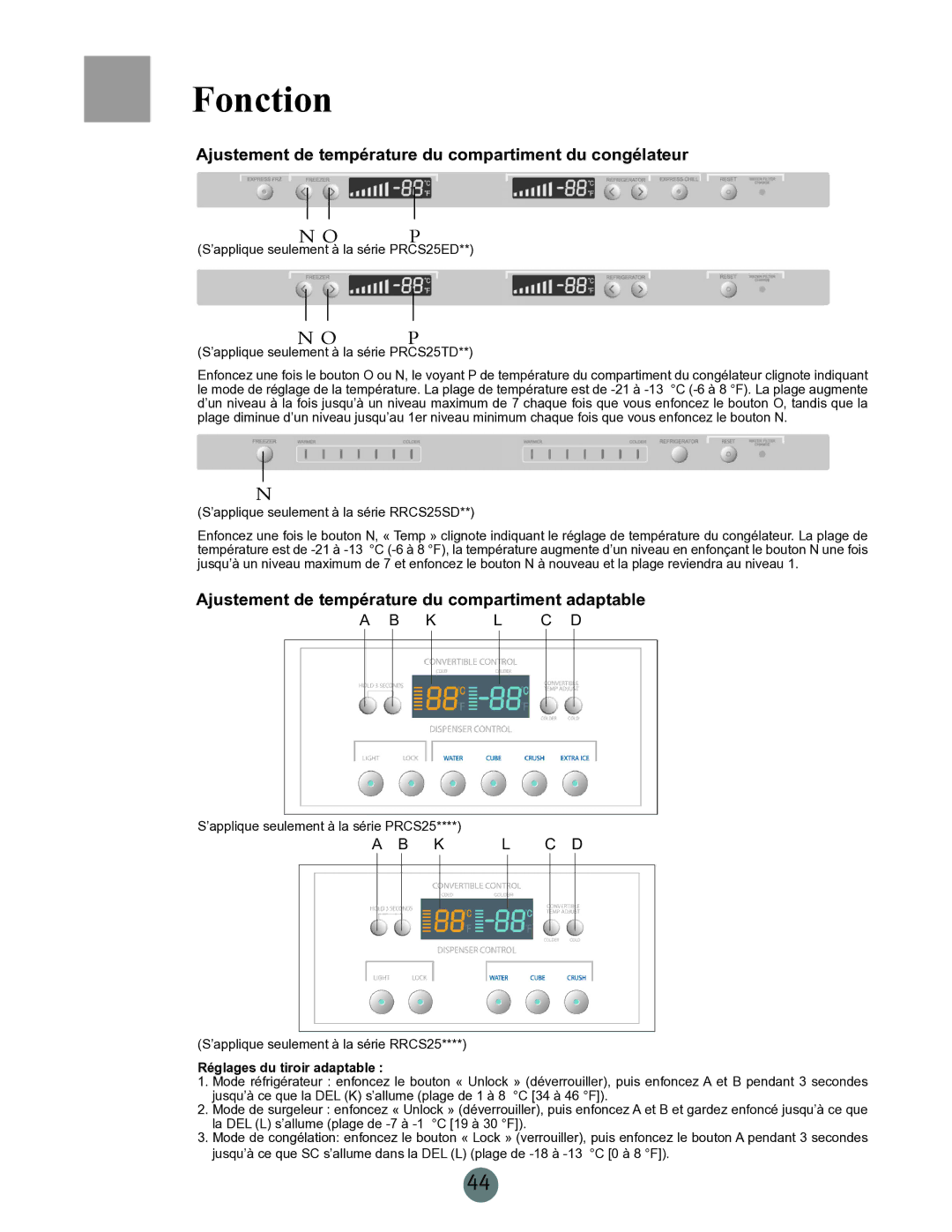 Haier RRCS25 Ajustement de température du compartiment du congélateur, Ajustement de température du compartiment adaptable 