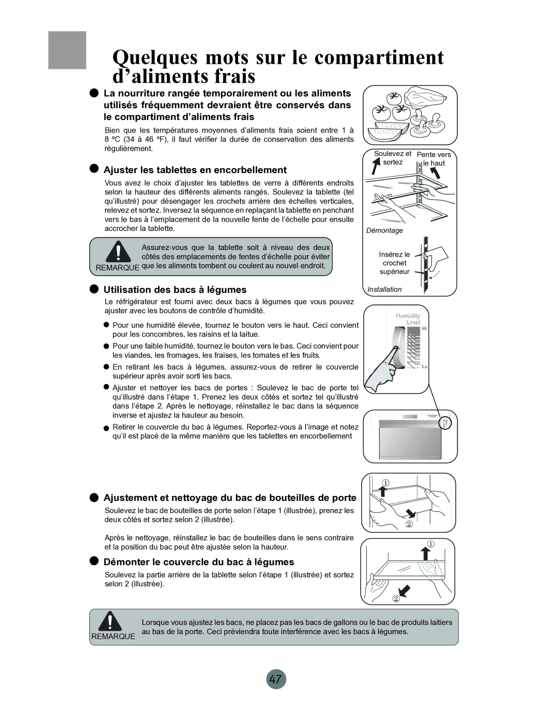 Haier PRCS25SD, RRCS25 warranty Quelques mots sur le compartiment d’aliments frais, Ajuster les tablettes en encorbellement 