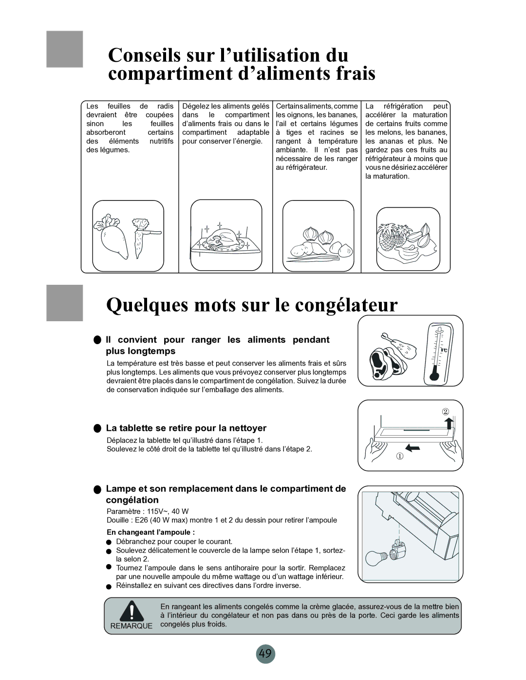 Haier RRCS25, PRCS25ED Conseils sur l’utilisation du compartiment d’aliments frais, Quelques mots sur le congélateur 