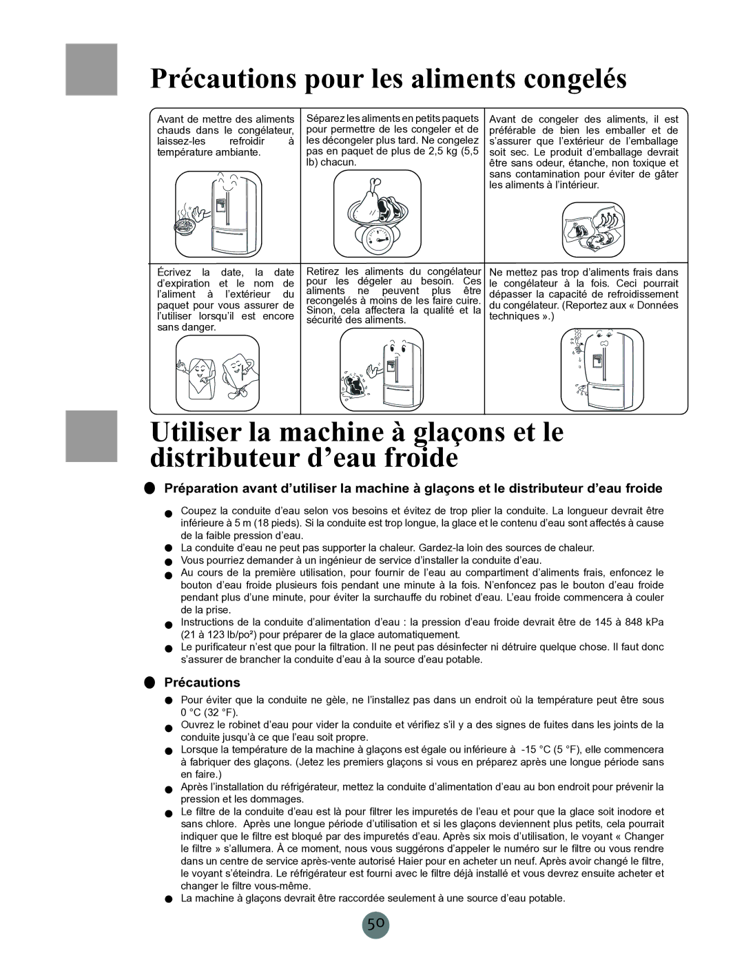 Haier PRCS25ED, PRCS25SD, RRCS25TD warranty Précautions pour les aliments congelés 